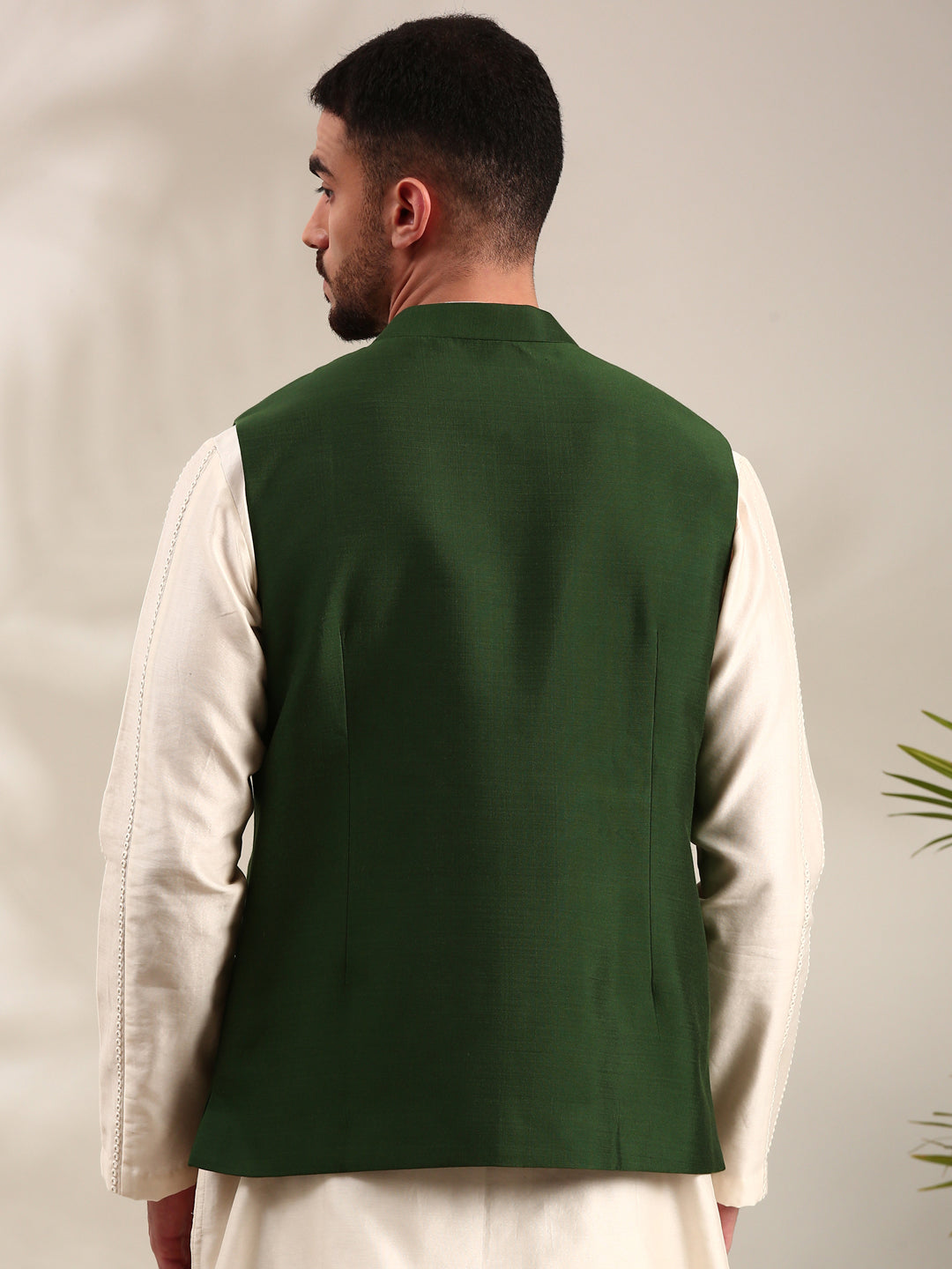 Bottle Green Cotton Silk Nehru Jacket