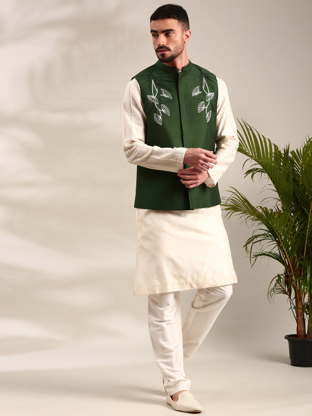 Bottle Green Cotton Silk Nehru Jacket