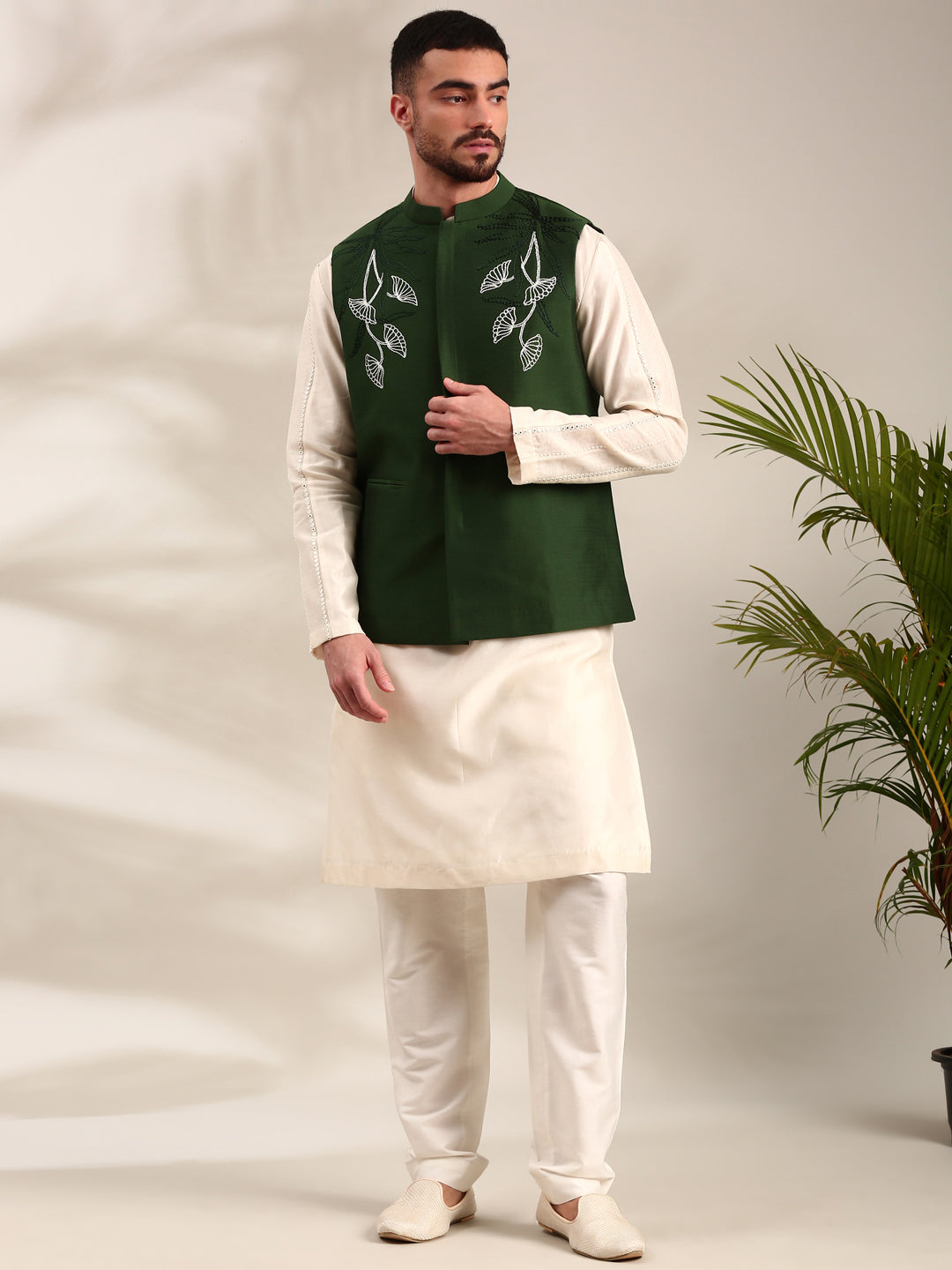 Bottle Green Cotton Silk Nehru Jacket