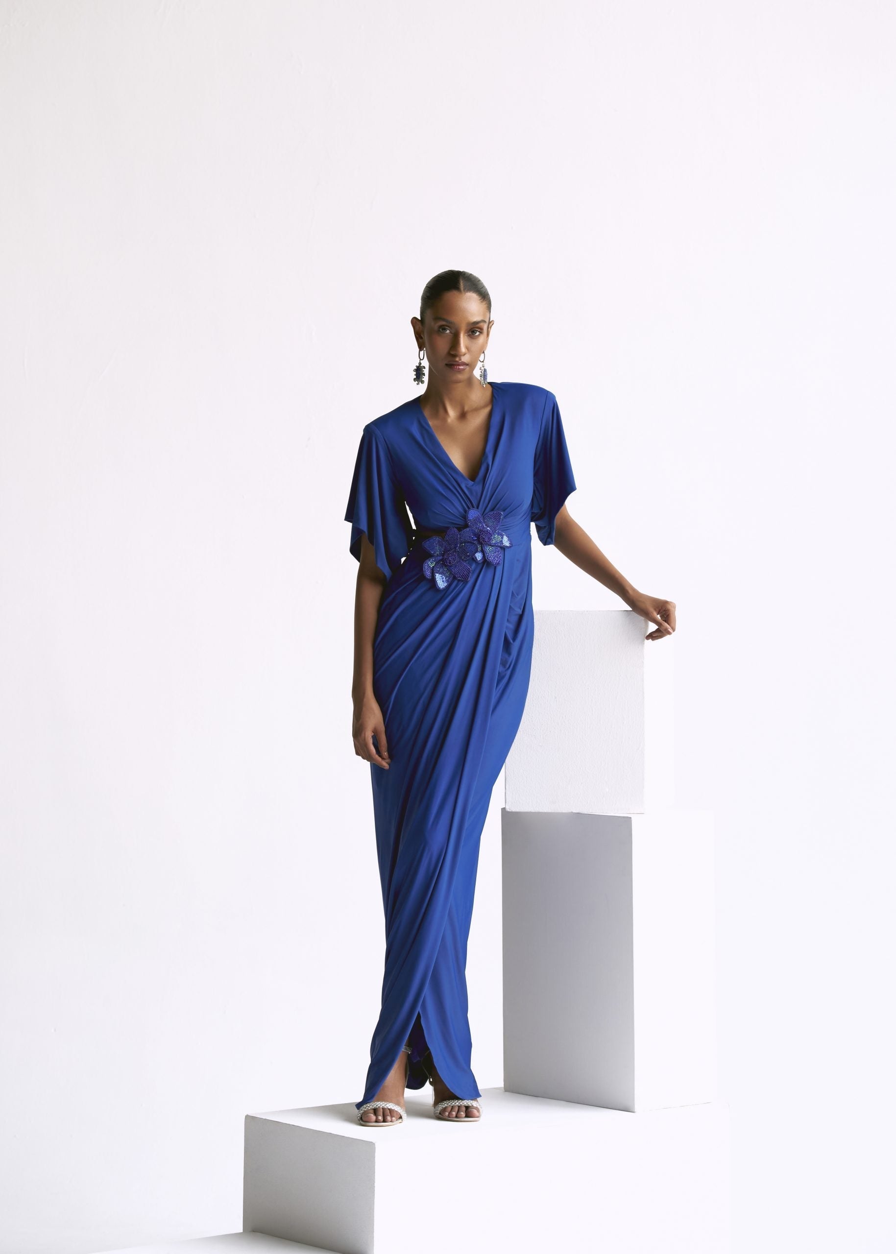 Image of Draped Power Shoulder  Gown