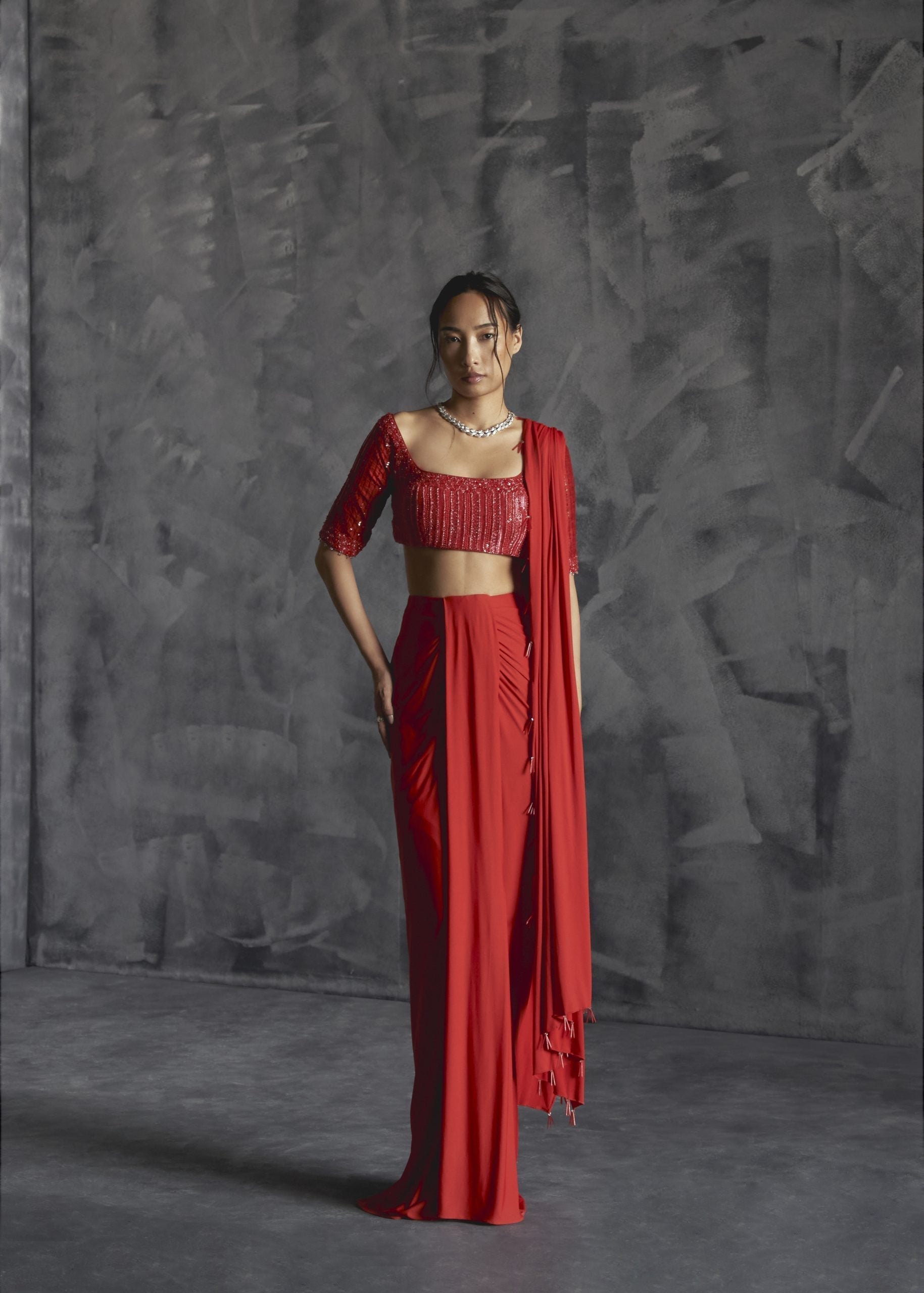 Image of Pleated Draped Skirt With Embelished Elbow Sleeve Blouse