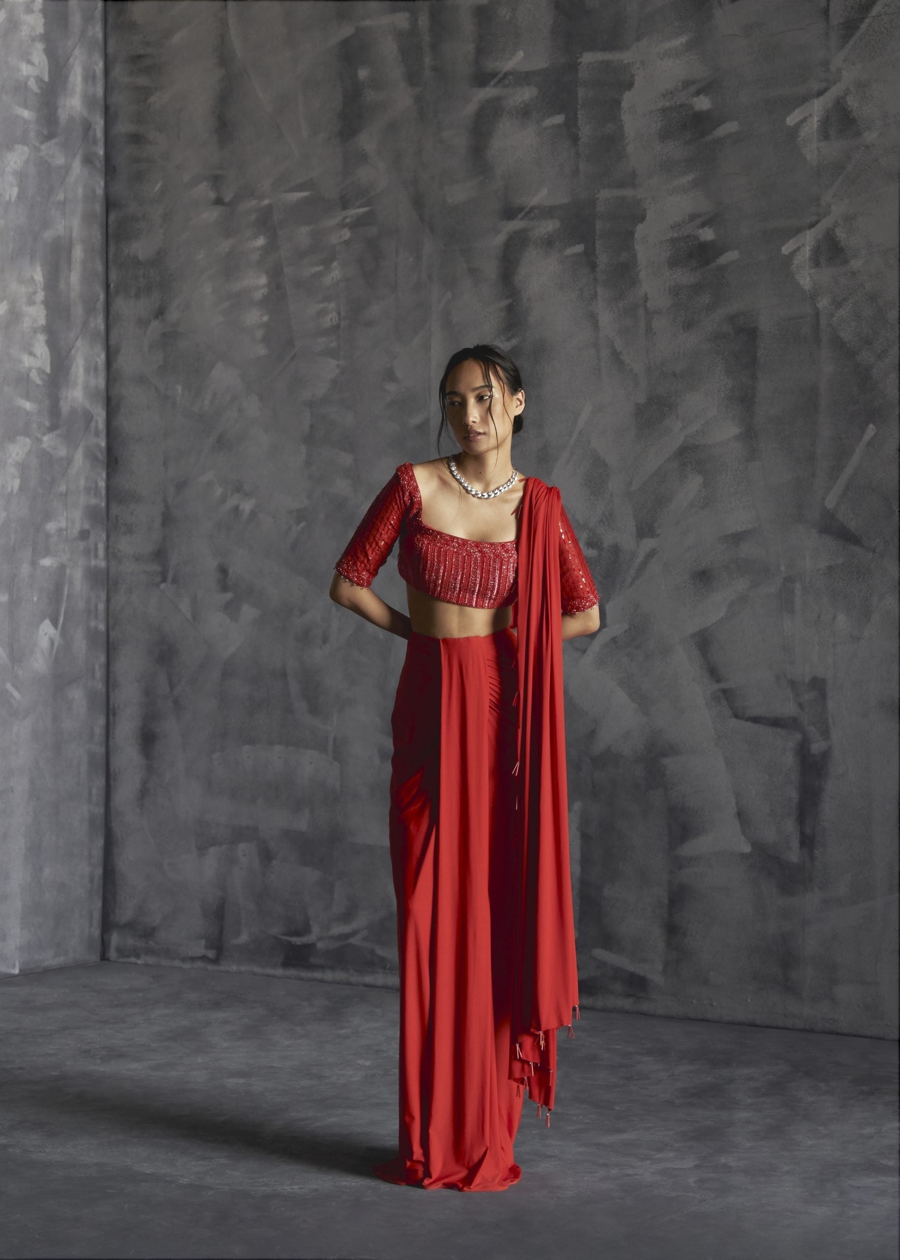 Image of Pleated Draped Skirt With Embelished Elbow Sleeve Blouse