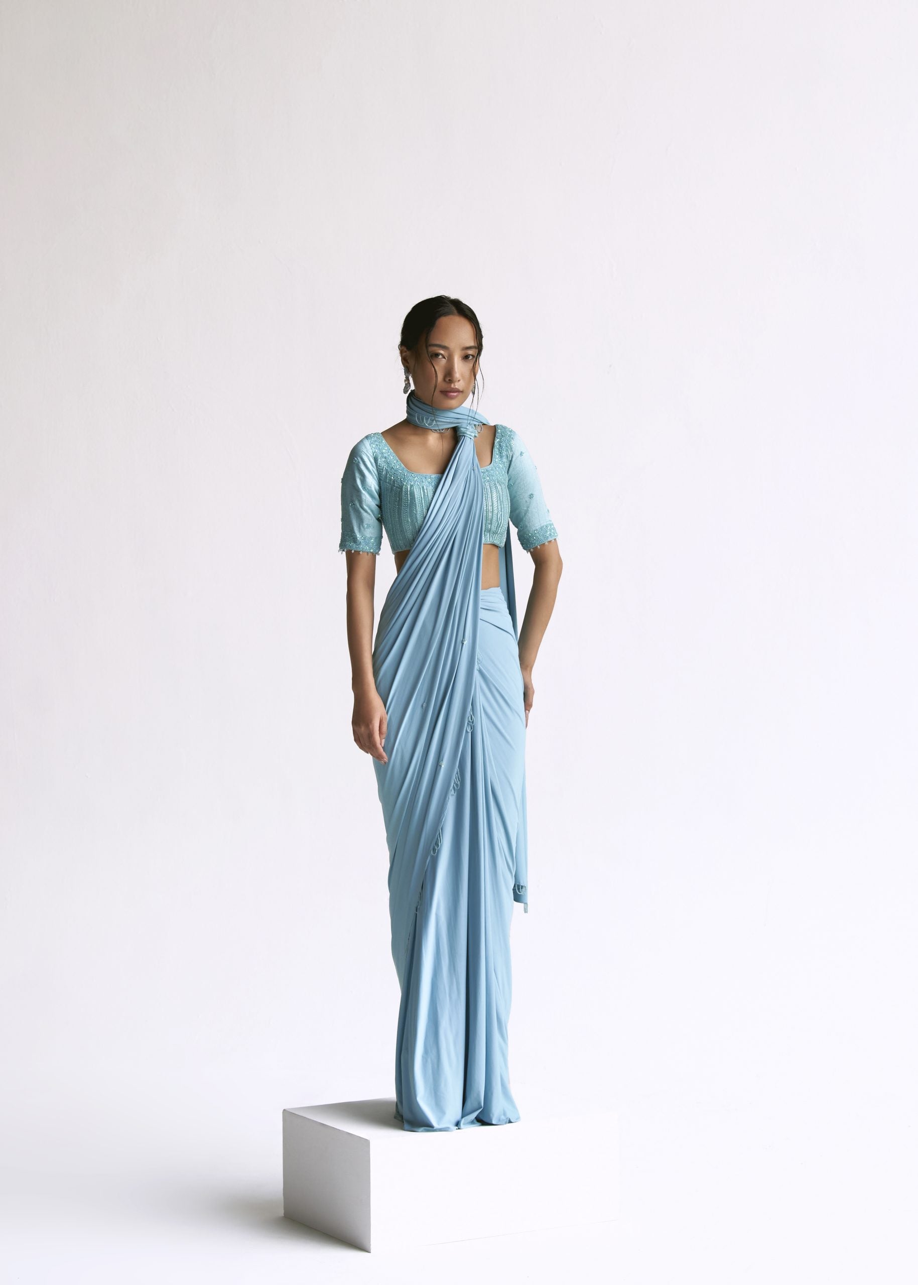 Image of Draped Saree With Elbow Sleeve Blouse