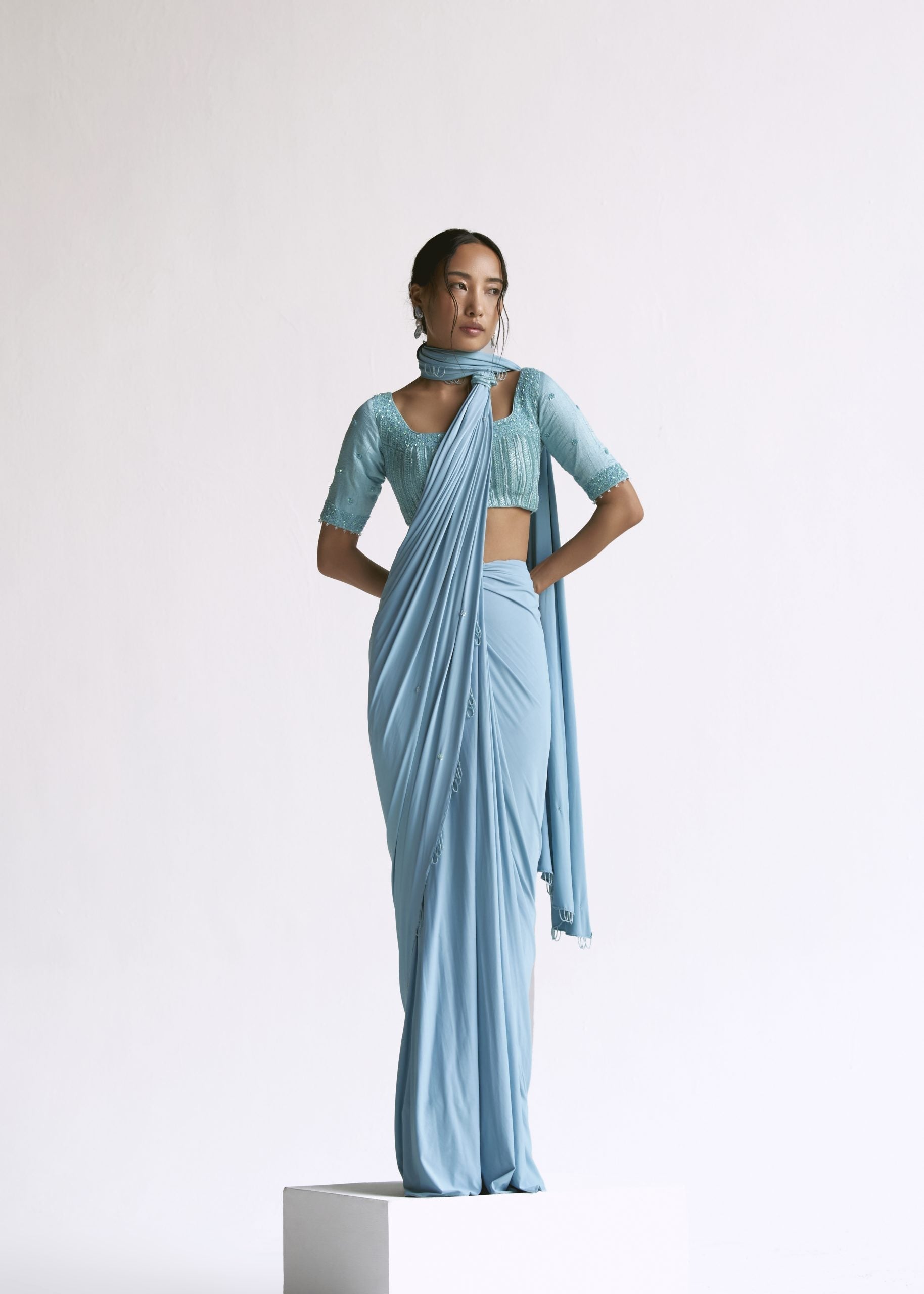 Image of Draped Saree With Elbow Sleeve Blouse