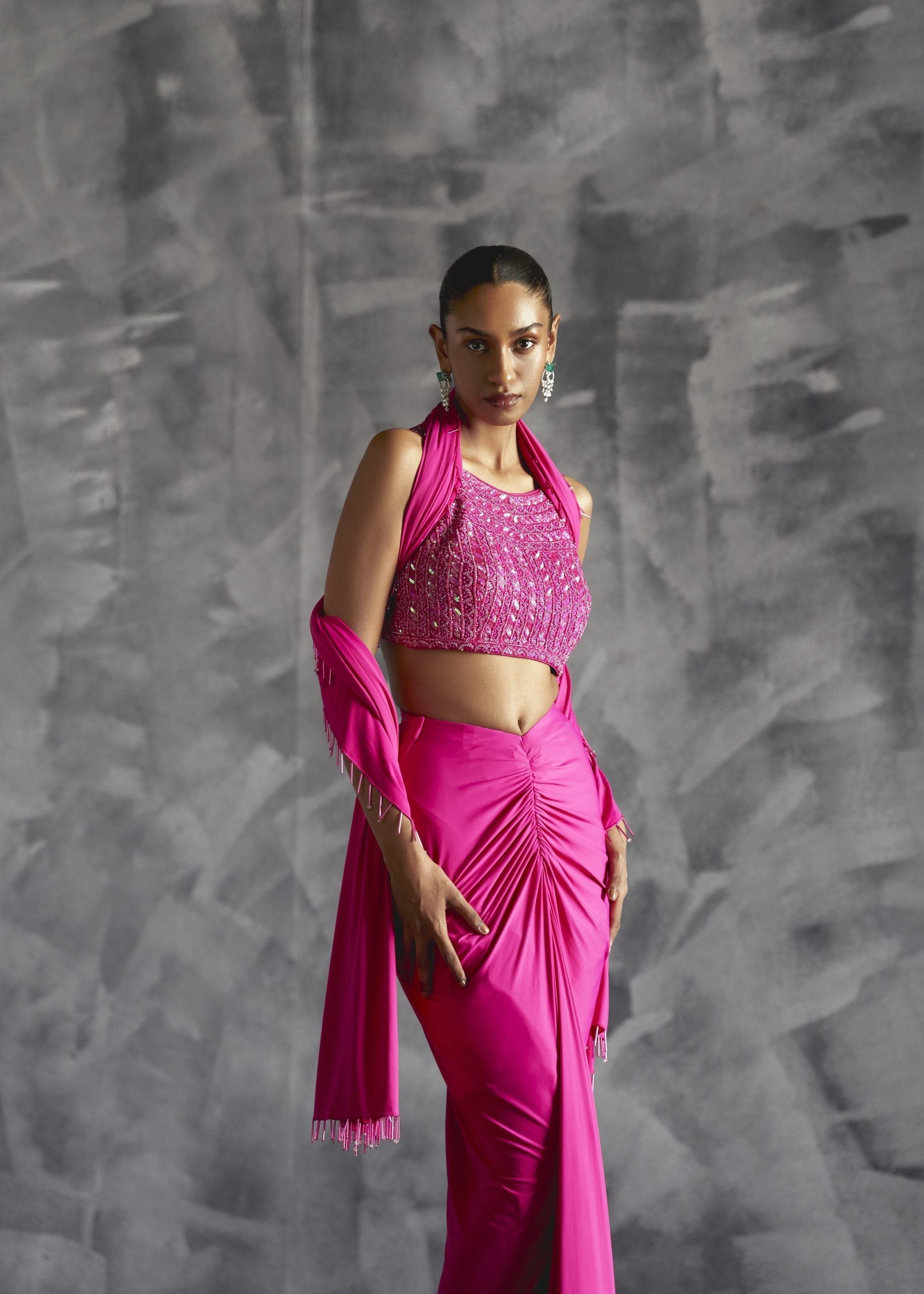 Image of Fitted Gathered Skirt With Embellished Blouse And Dupatta