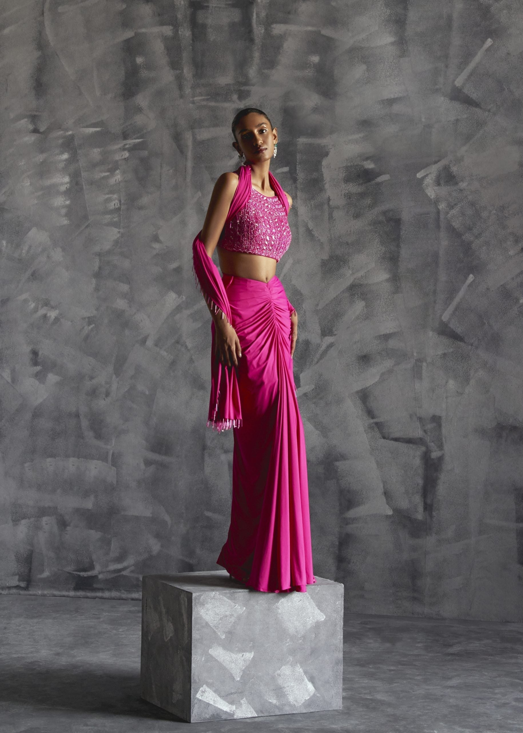 Image of Fitted Gathered Skirt With Embellished Blouse And Dupatta