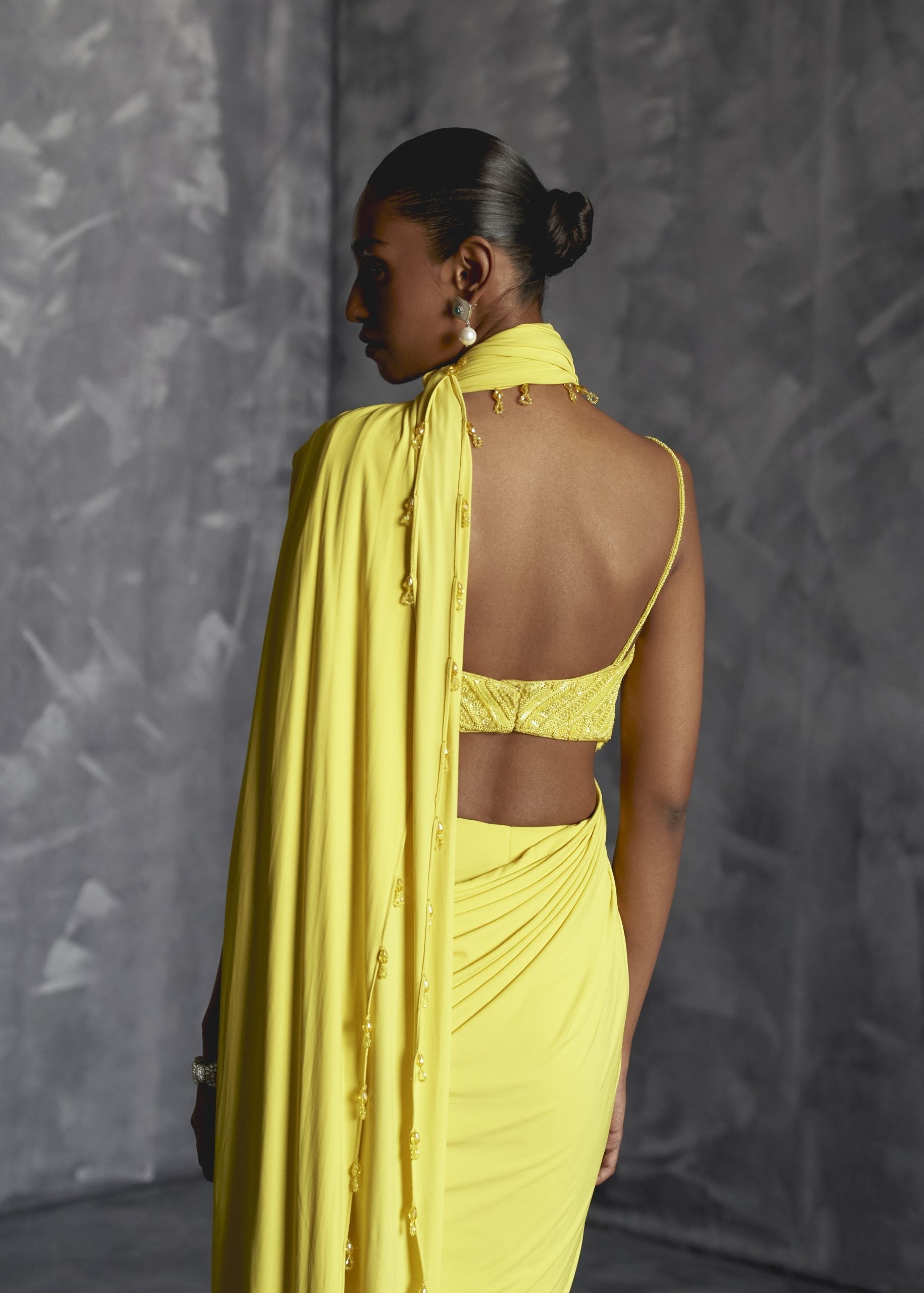 Image of Fitted Draped Saree With Strappy Embelished Blouse