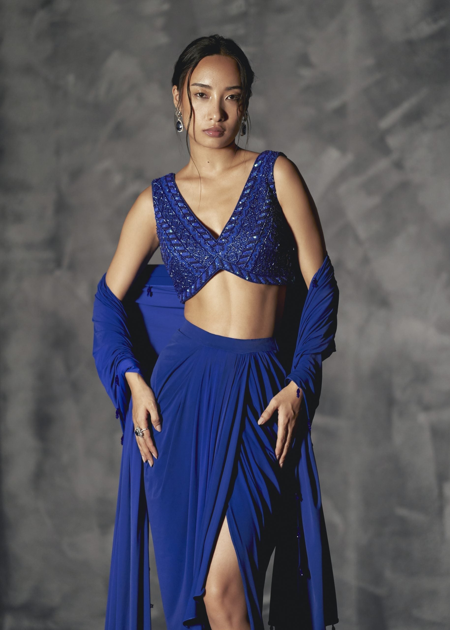 Image of Rainfall Drape Skirt With Low V Cut Blouse And Dupatta