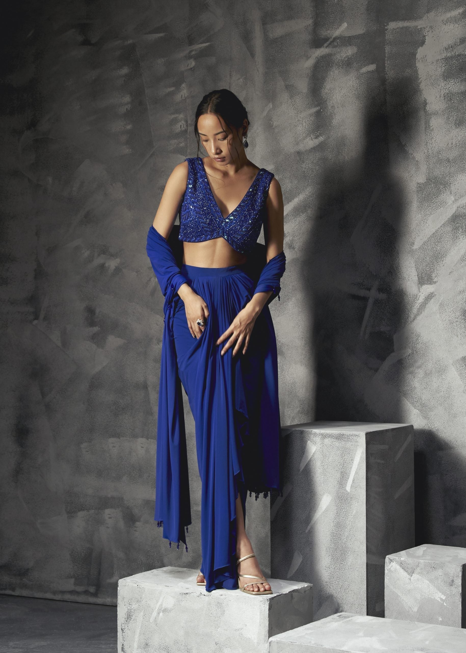 Image of Rainfall Drape Skirt With Low V Cut Blouse And Dupatta