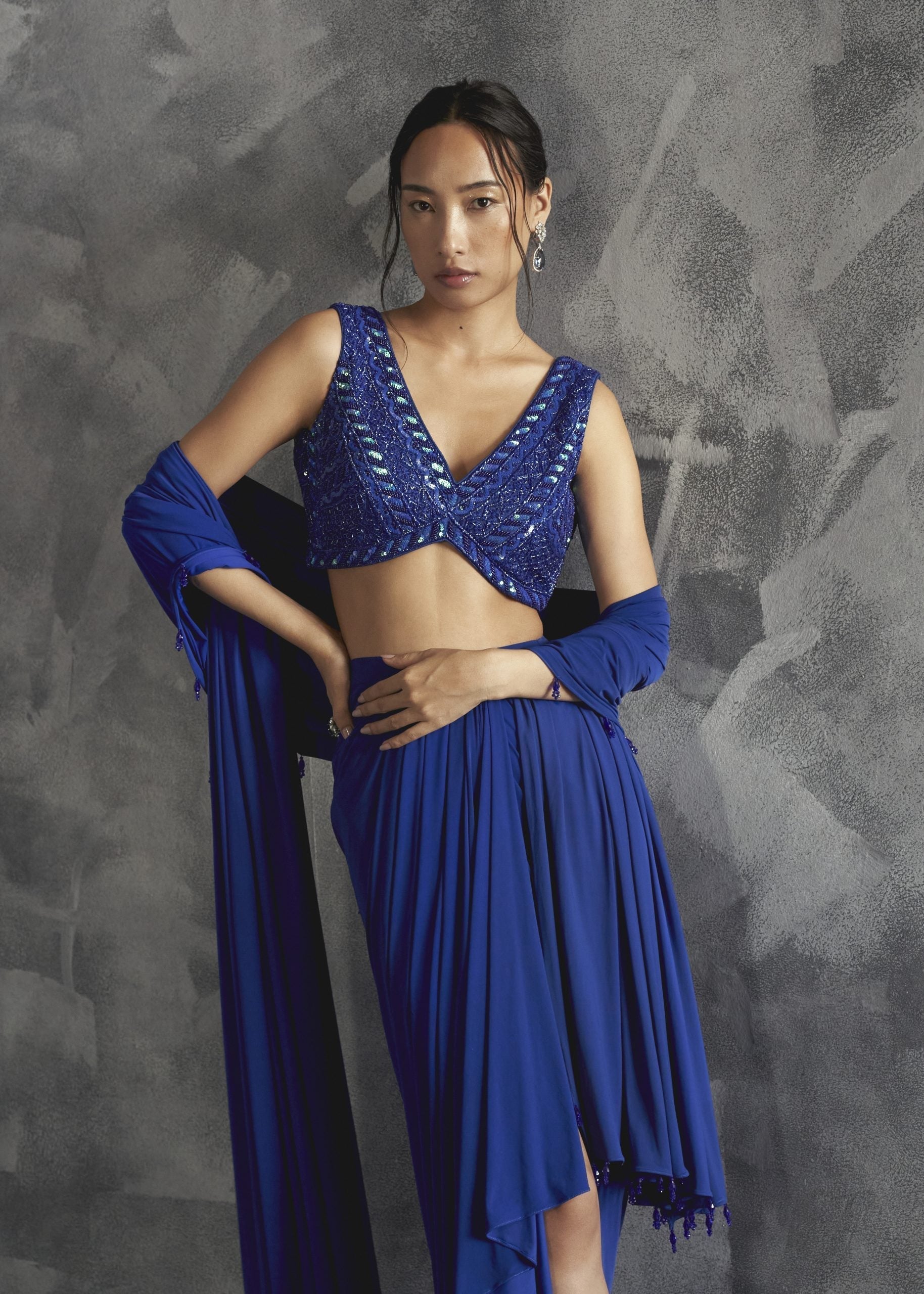 Image of Rainfall Drape Skirt With Low V Cut Blouse And Dupatta