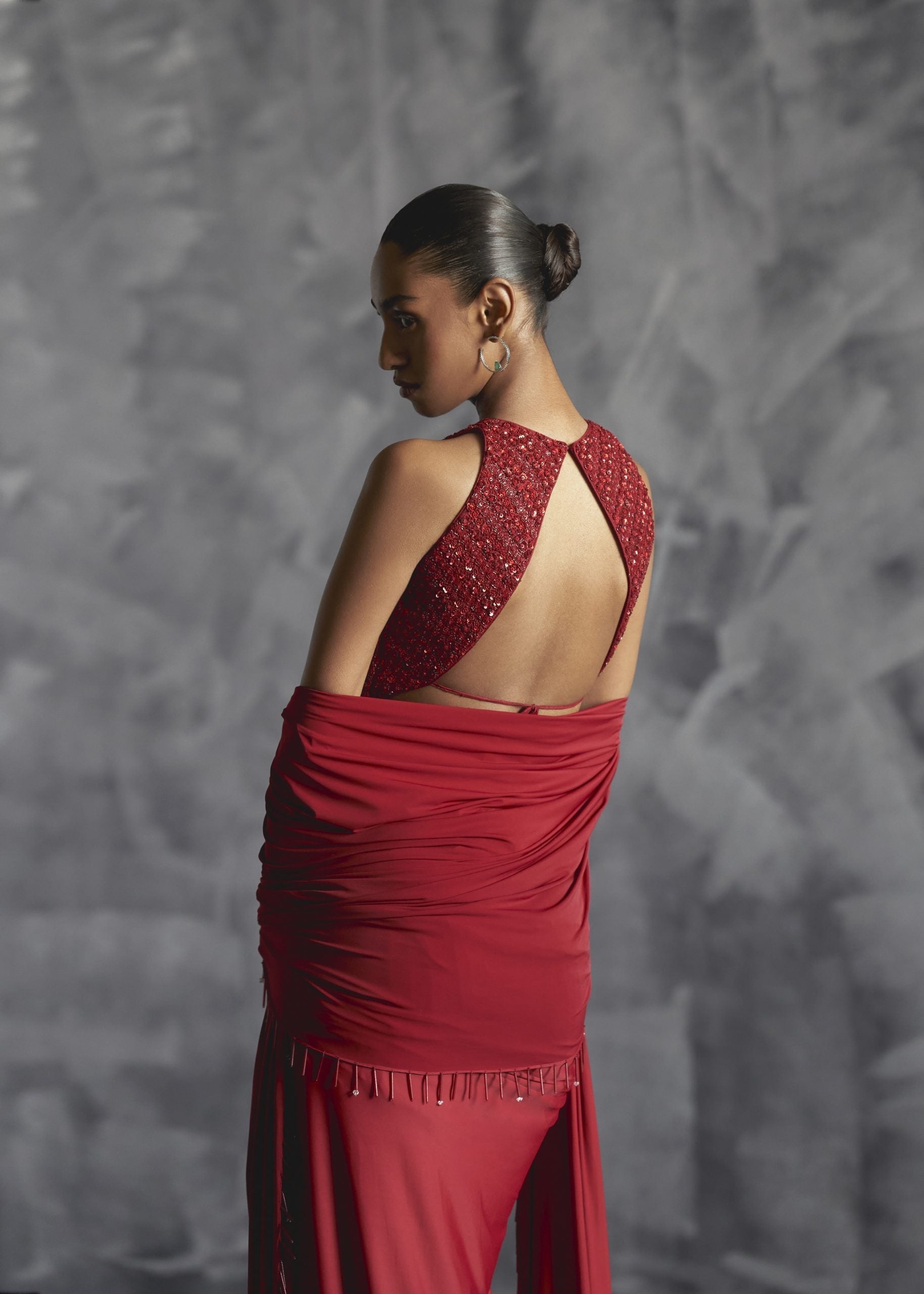 Image of Fitted Broad Pleat Skirt With Backless Embellished Blouse