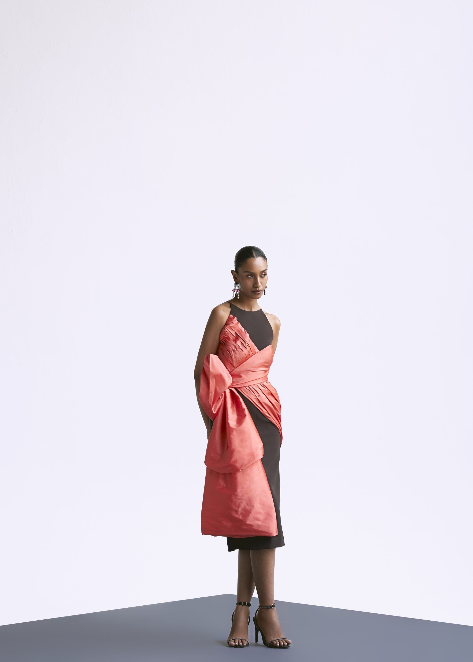 Image of Fitted Draped Dress With Bow Detail