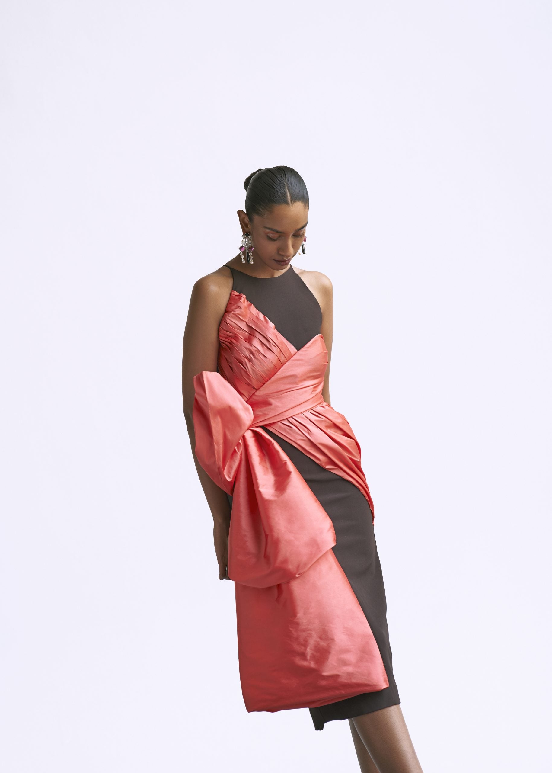 Image of Fitted Draped Dress With Bow Detail