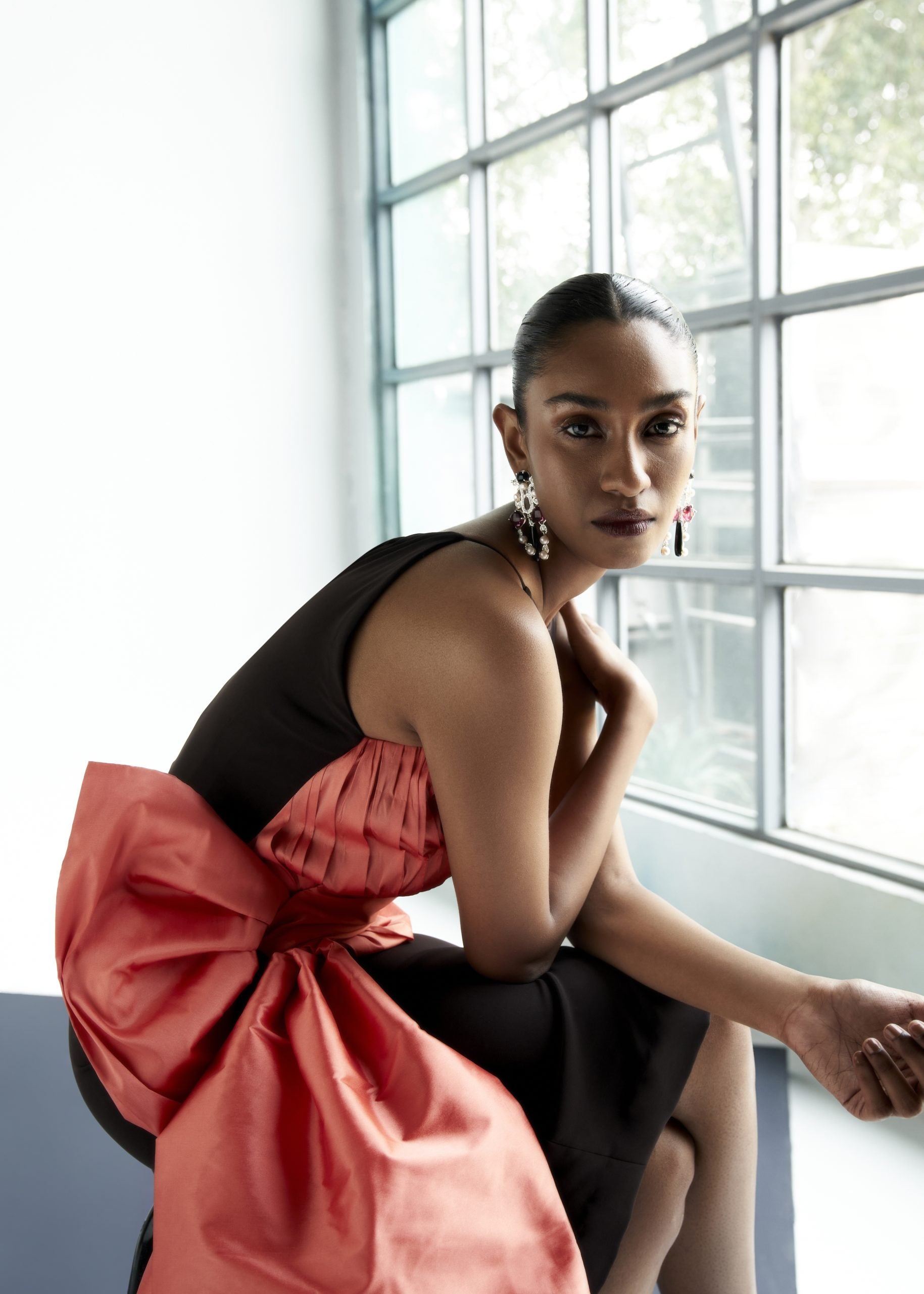 Image of Fitted Draped Dress With Bow Detail