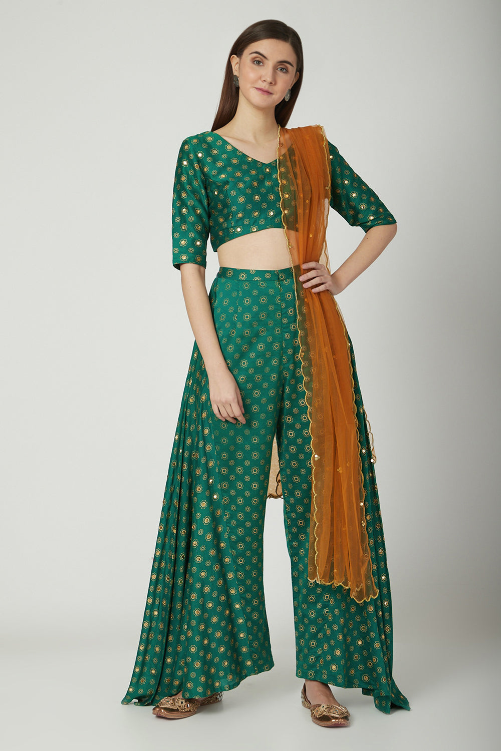 Crop Top With Skirt Pants & Dupatta In Emerald Green - Auraya Fashion - Seema Nanda - 