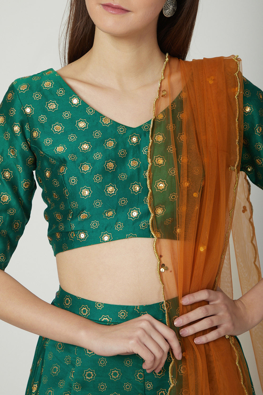 Crop Top With Skirt Pants & Dupatta In Emerald Green - Auraya Fashion 