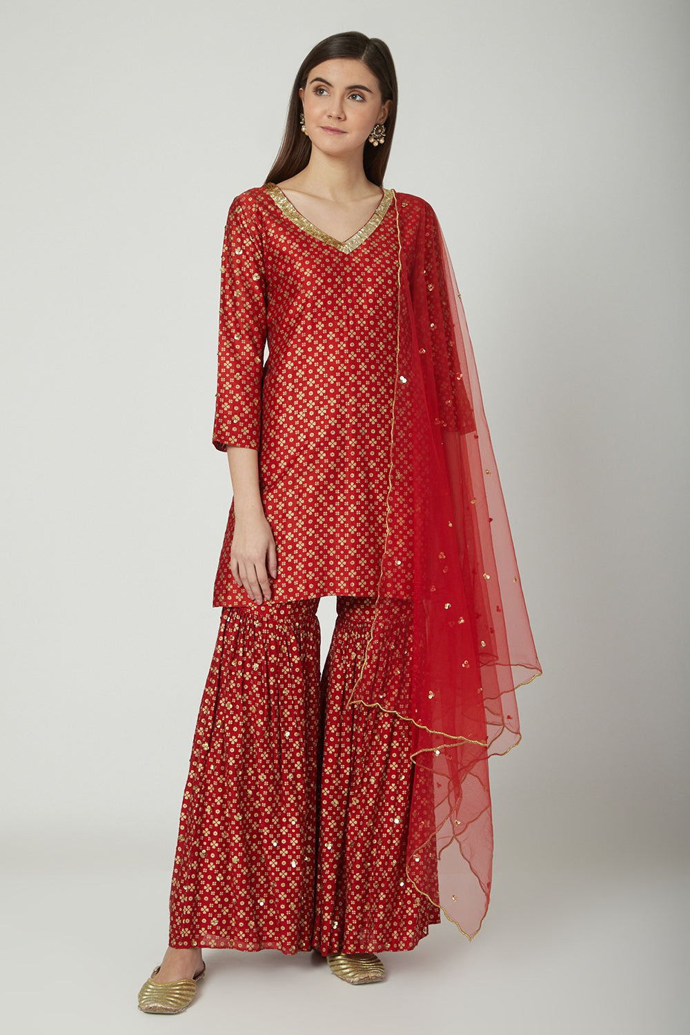 Embroidered & Printed Red Sharara Set - Auraya Fashion - Seema Nanda - 