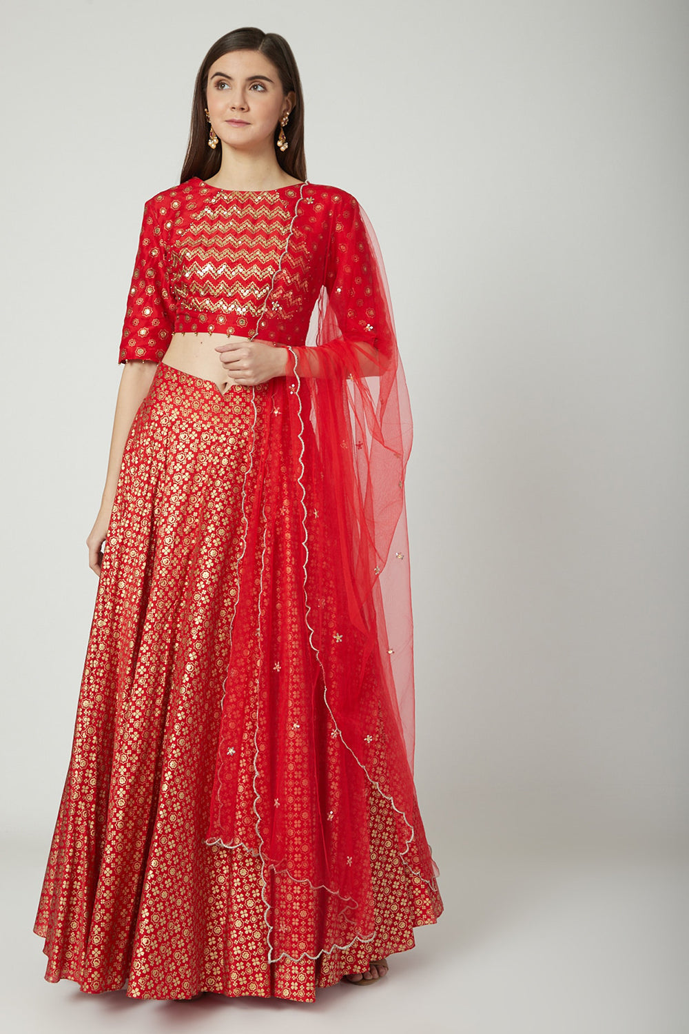 Embroidered & Printed Red Lehenga Set - Auraya Fashion - Seema Nanda - 