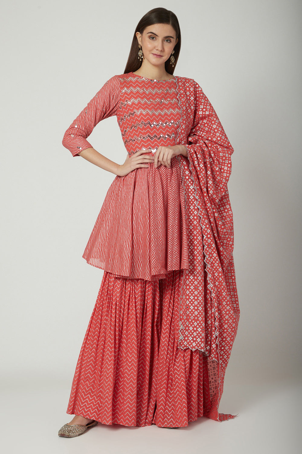 Embroidered & Printed Peach Sharara Set - Auraya Fashion - Seema Nanda - 