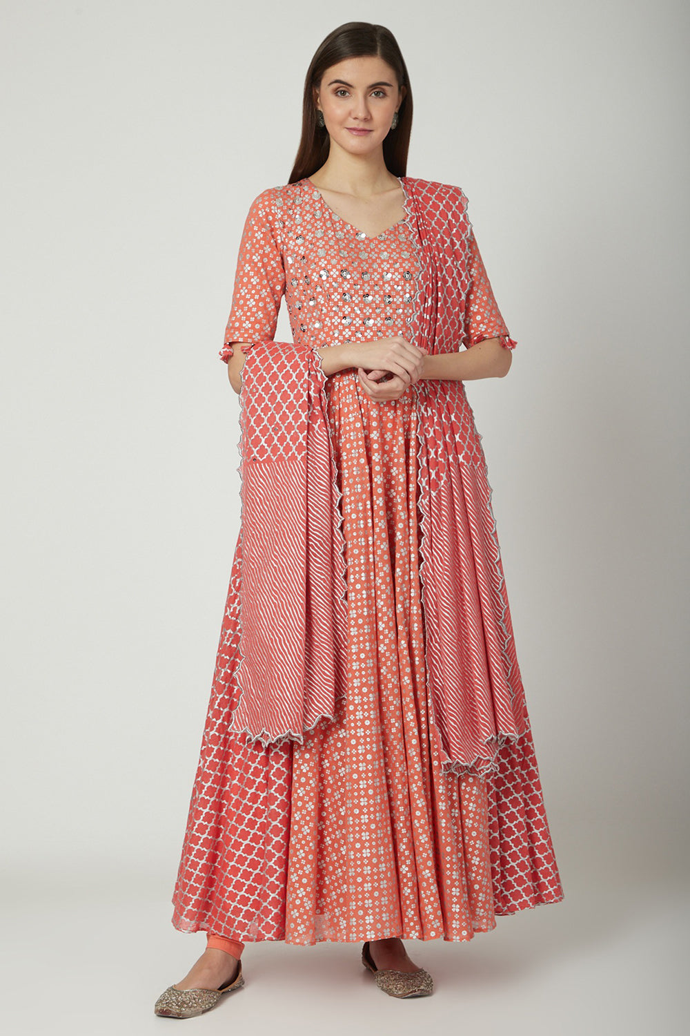 Embroidered Printed Peach & Silver Anarkali Set - Auraya Fashion - Seema Nanda - 