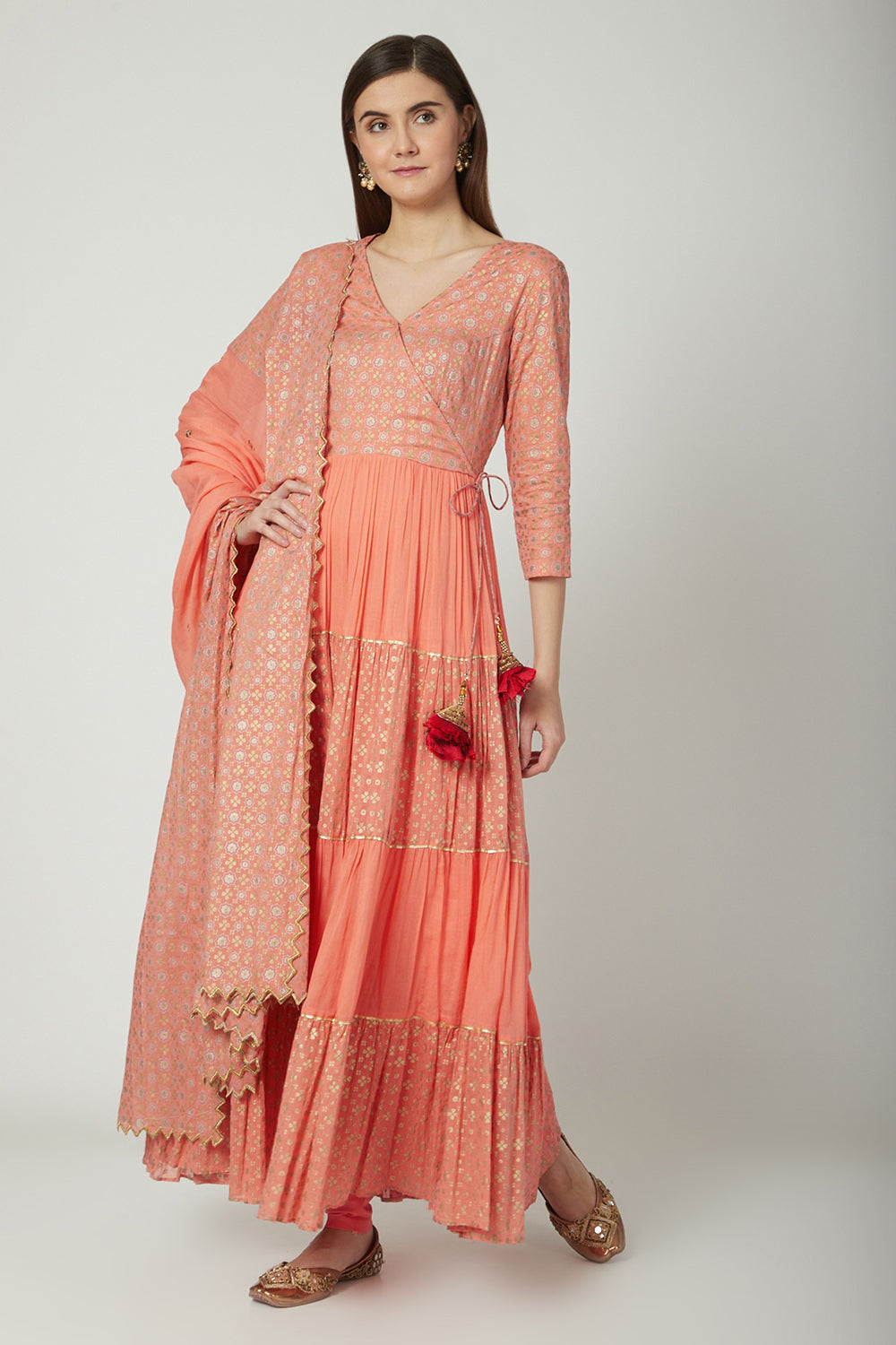 Embroidered & Printed Peach Wrap Anarkali Set - Auraya Fashion - Seema Nanda - 