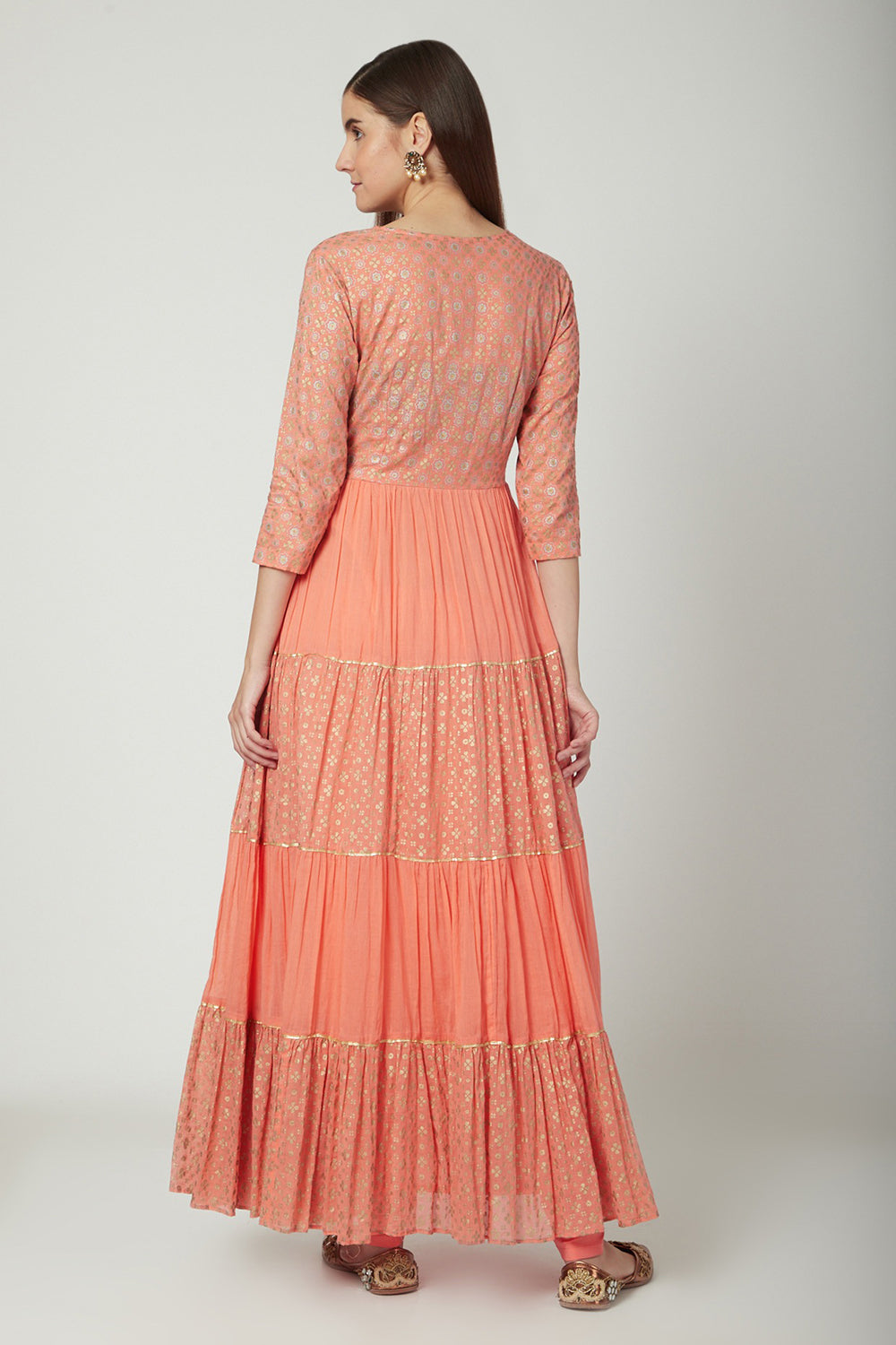 Embroidered & Printed Peach Wrap Anarkali Set - Auraya Fashion 