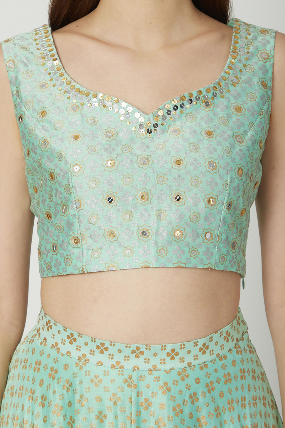 Embroidered & Printed Mint Green Lehenga Set - Auraya Fashion 
