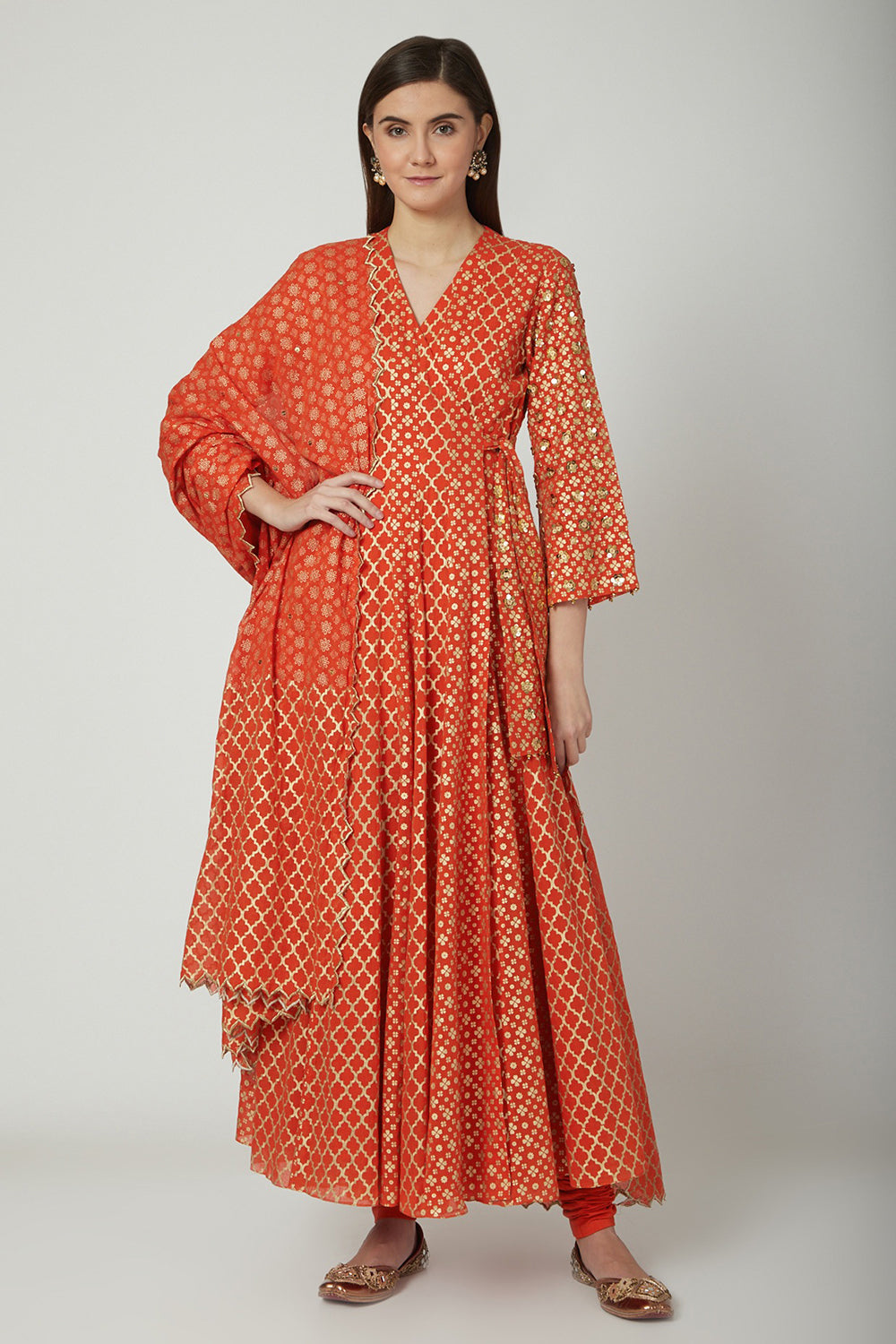 Embroidered & Printed Orange Angrakha Anarkali Set - Auraya Fashion - Seema Nanda - 