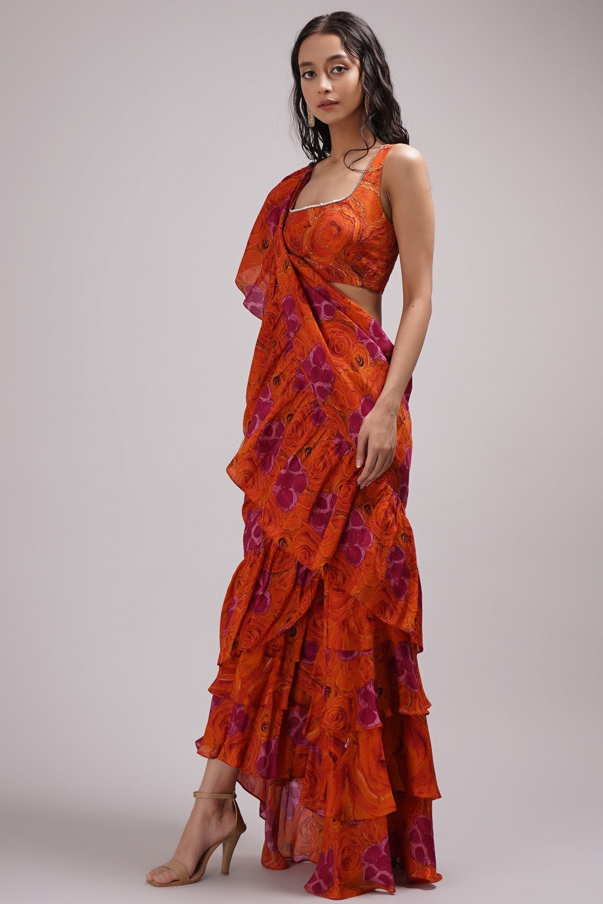 Deep Round Neck Blouse Ruffled Saree Set