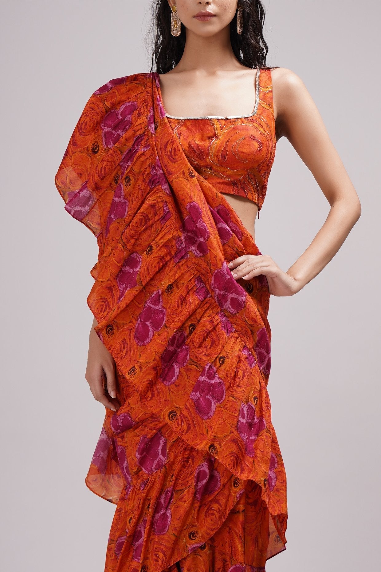 Deep Round Neck Blouse Ruffled Saree Set