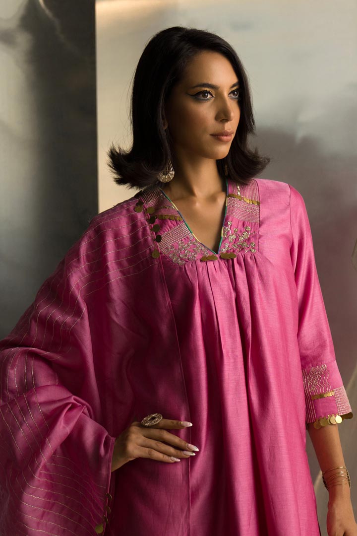 Image of Bloom Pink V-Neck Kurta Set