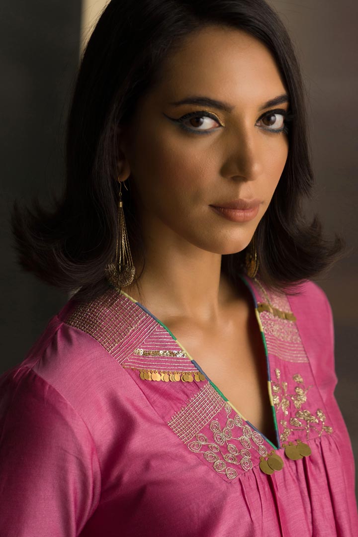 Image of Bloom Pink V-Neck Kurta Set