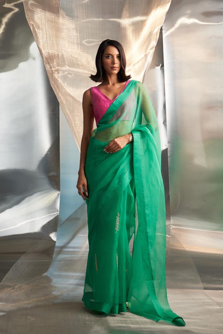 Image of Mis'r Embroidered Organza Saree Sleeveless Contrast Blouse Set