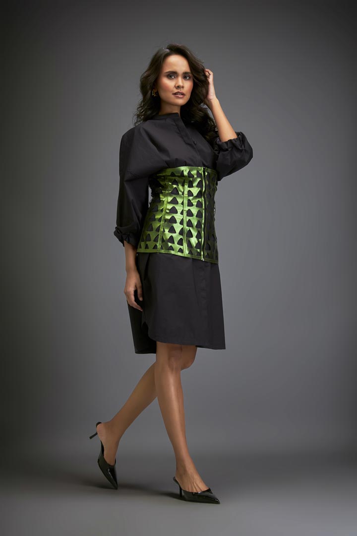 Shirtdress With Metallic Corset And Geometric Cutout Detailing