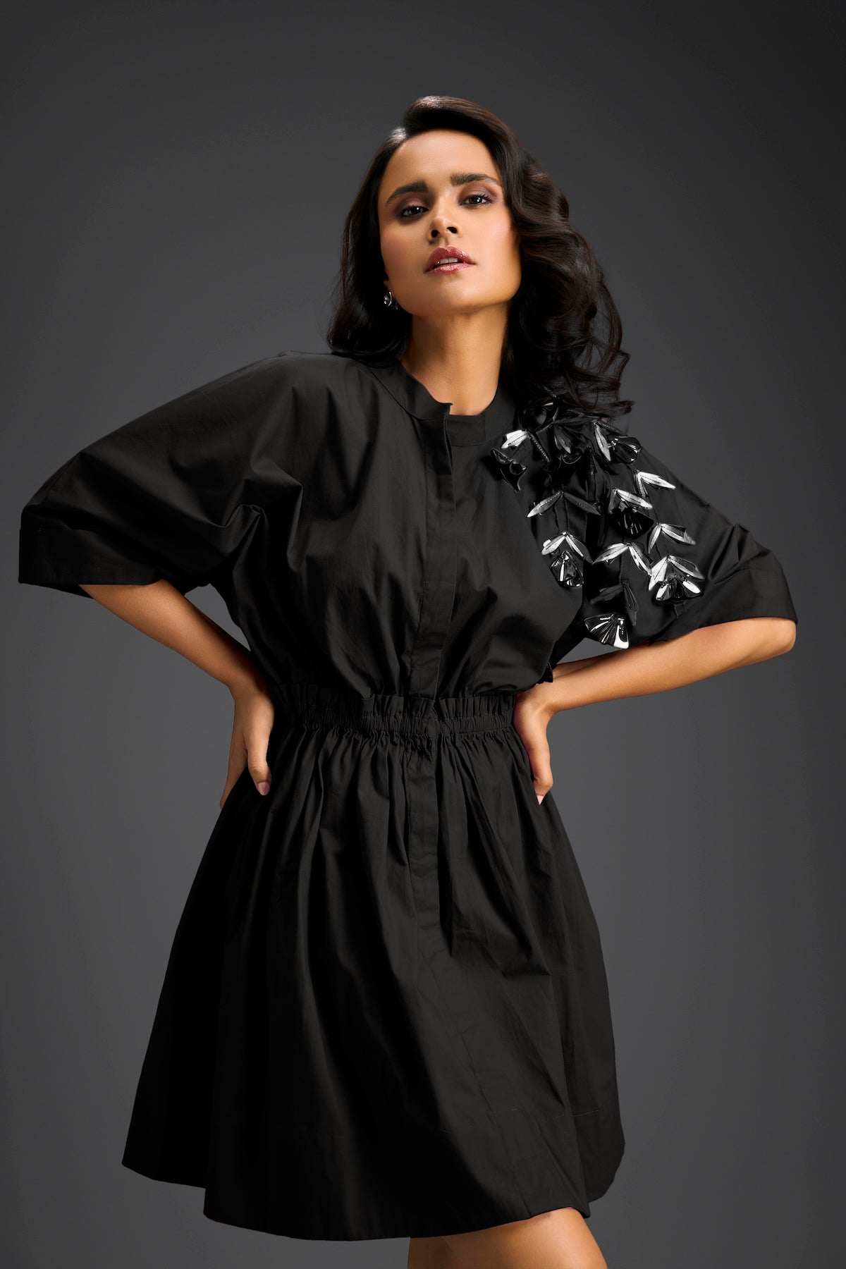 Black Floral Shoulder Shift Dress