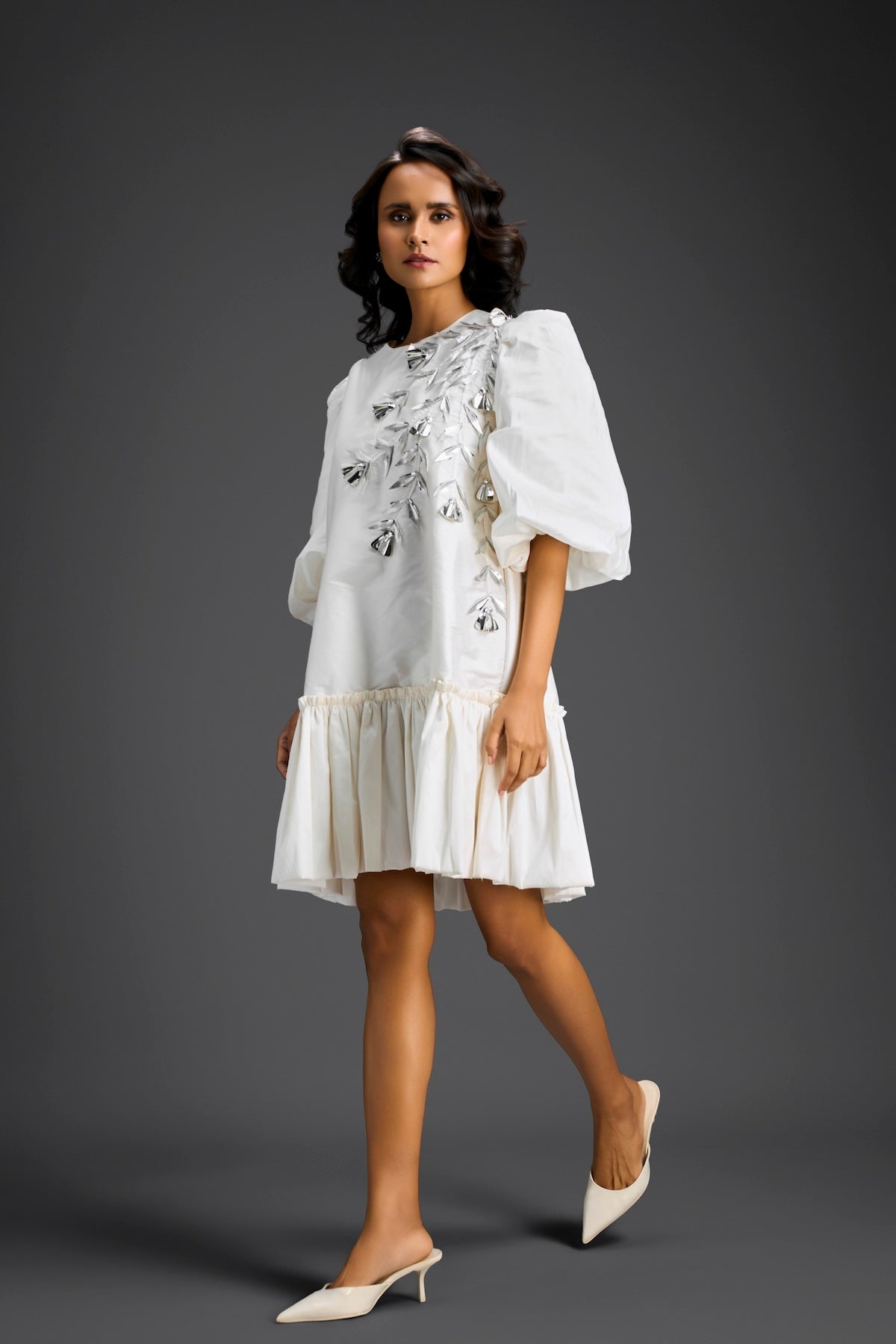 White Puffed Sleeve Cut-Out Embroidered Dress