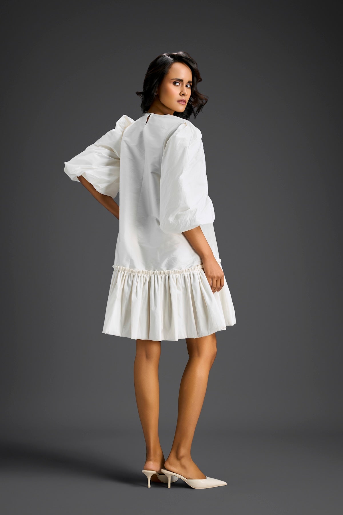 White Puffed Sleeve Cut-Out Embroidered Dress