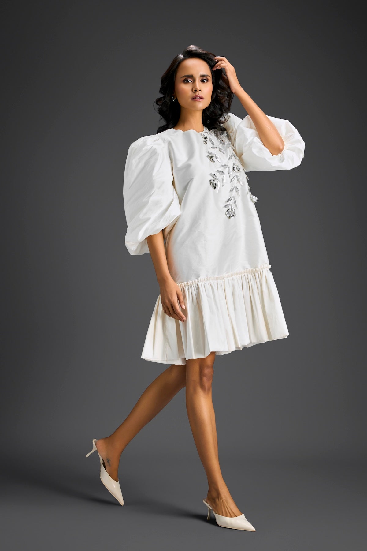 White Puffed Sleeve Cut-Out Embroidered Dress