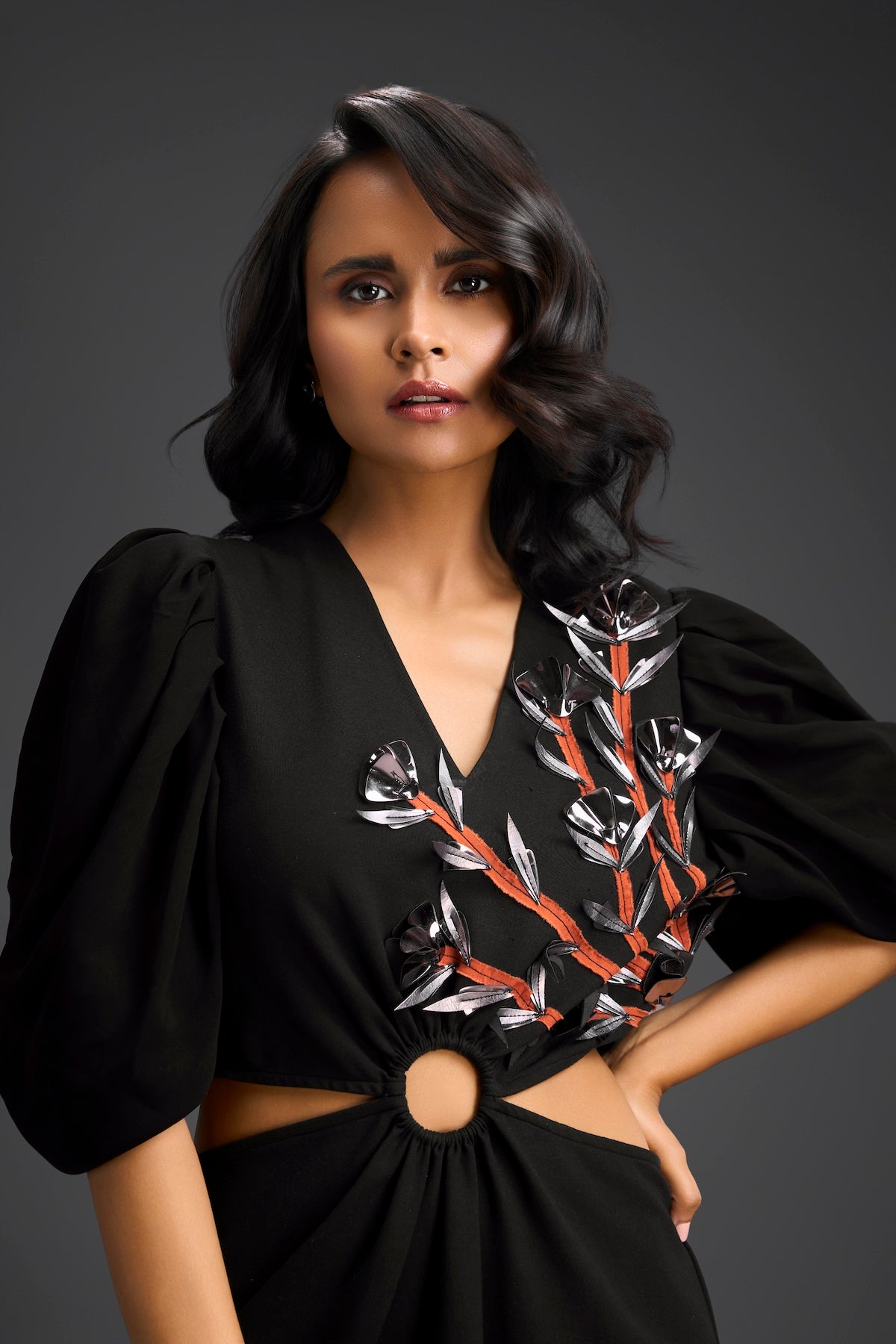 Black V-Neck Cut-Out Embroidered Dress
