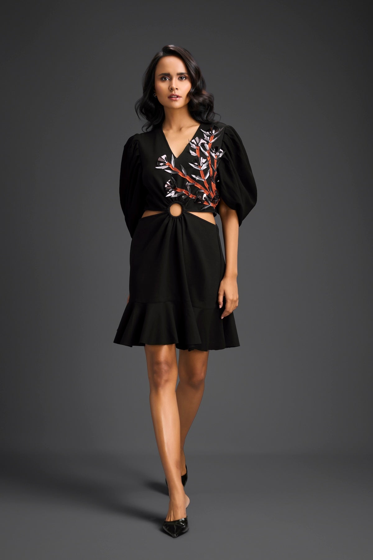 Black V-Neck Cut-Out Embroidered Dress