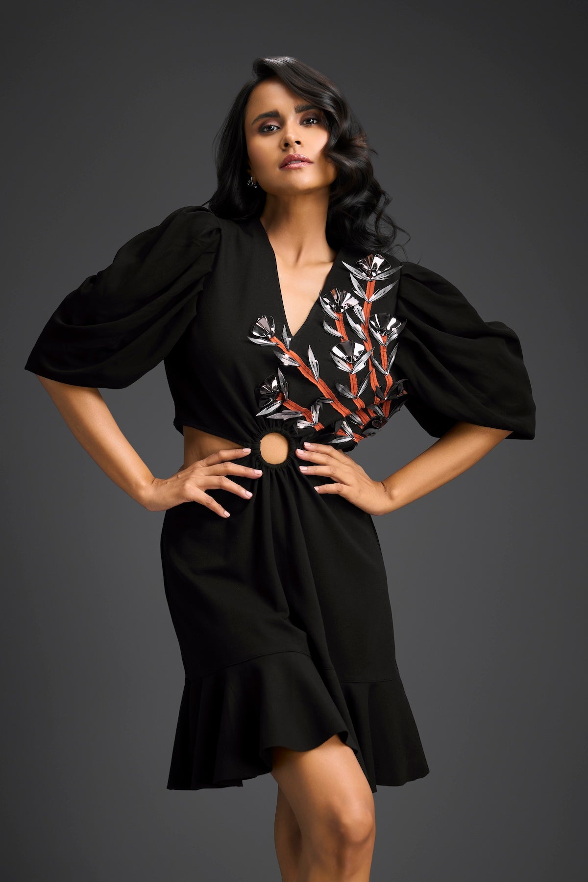 Black V-Neck Cut-Out Embroidered Dress