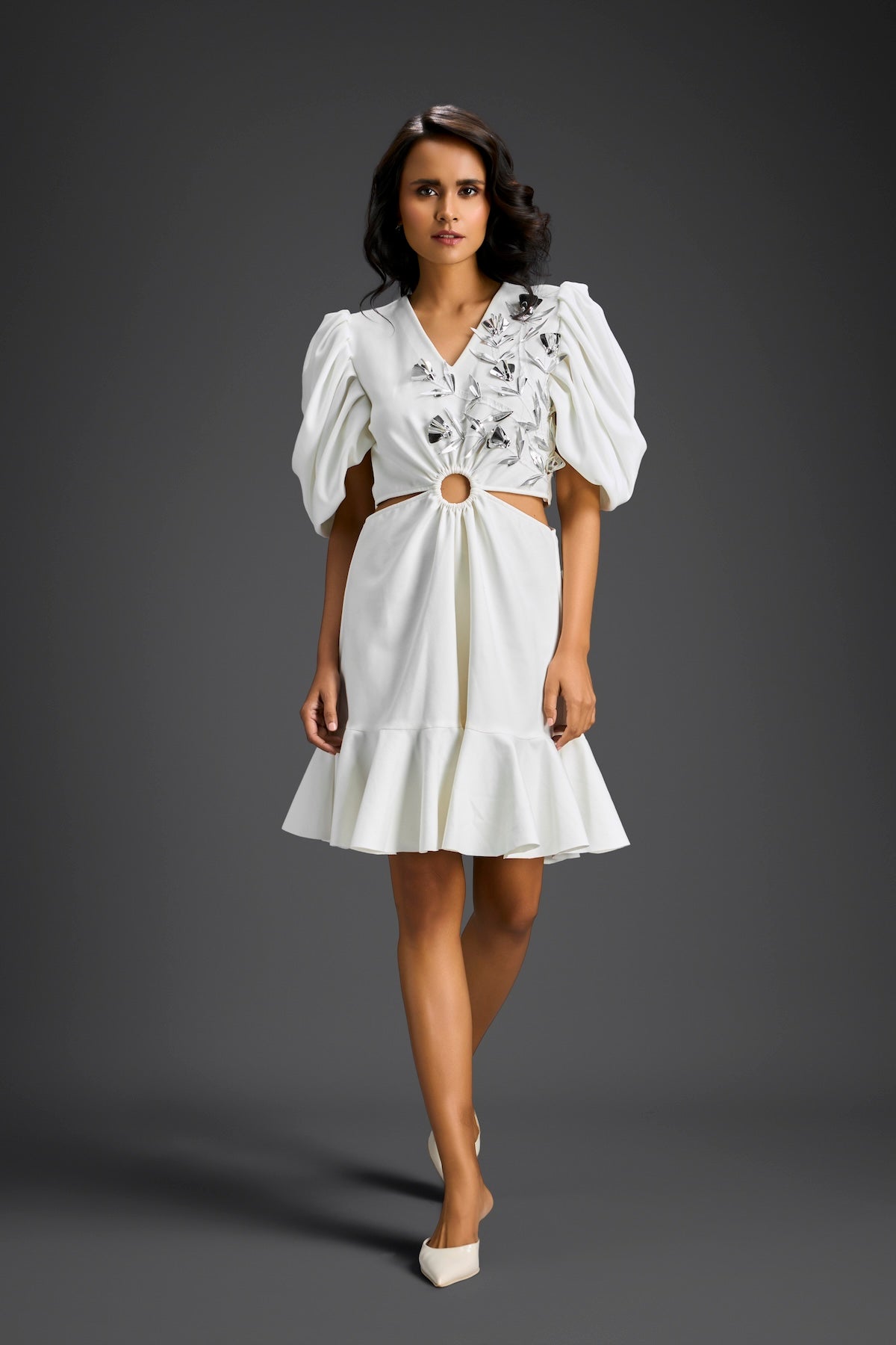 White V-Neck  Cut-Out Embroidered Dress