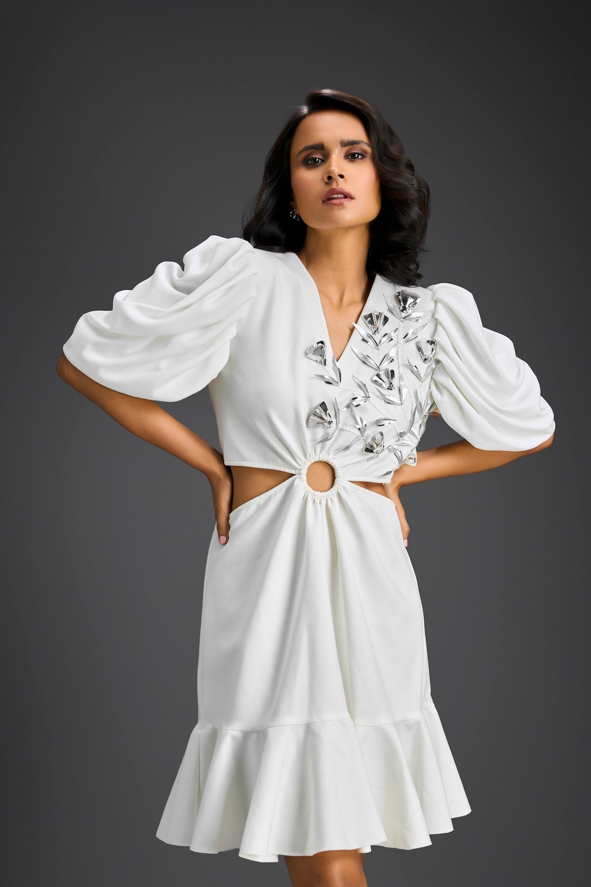 White V-Neck  Cut-Out Embroidered Dress