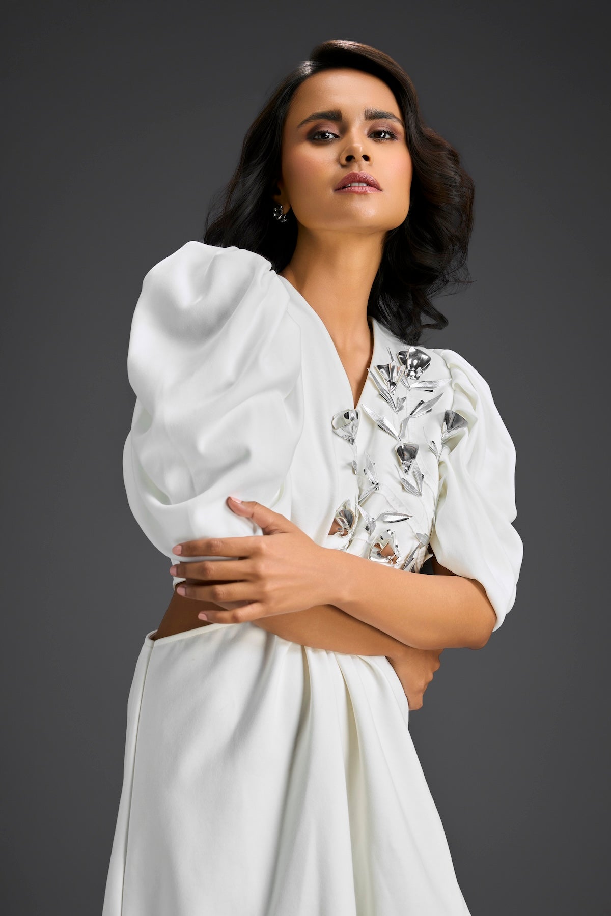 White V-Neck  Cut-Out Embroidered Dress
