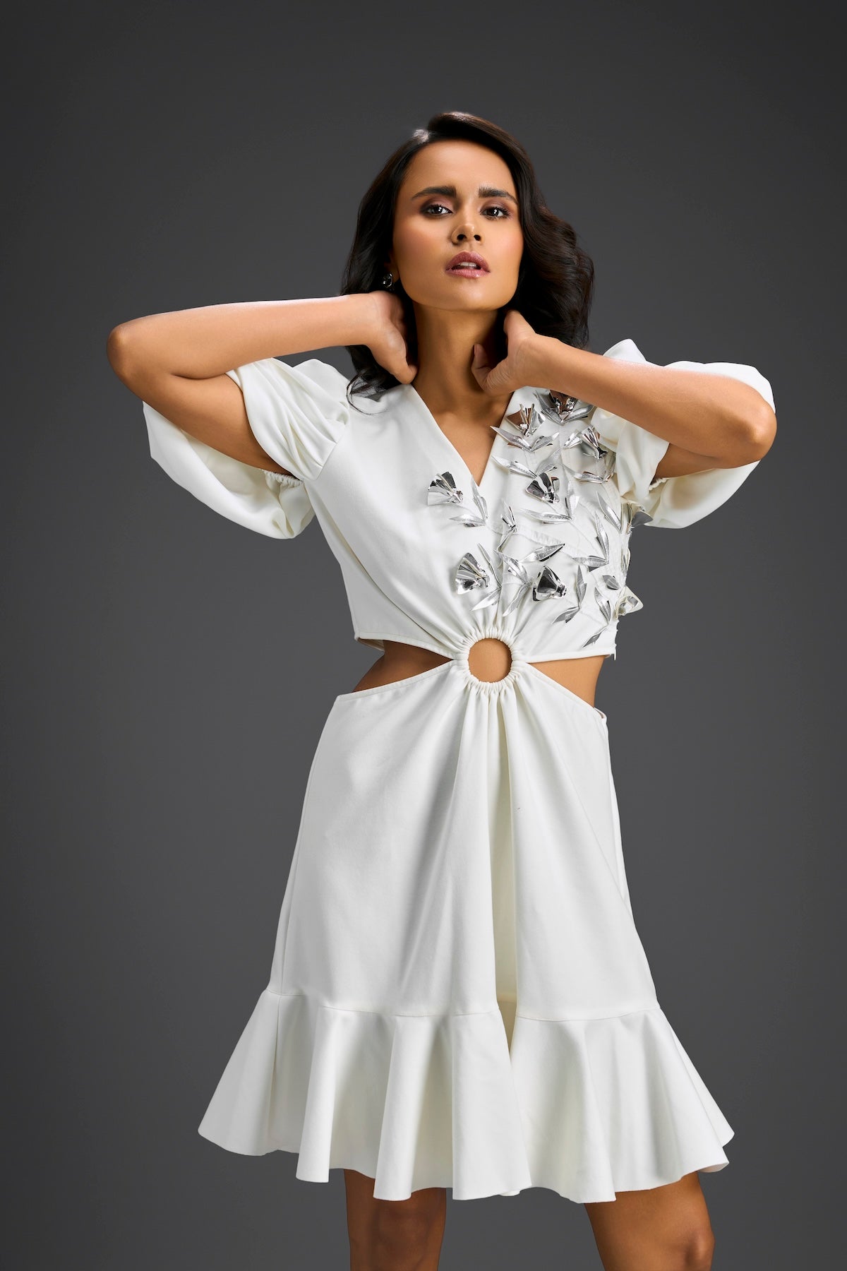 White V-Neck  Cut-Out Embroidered Dress