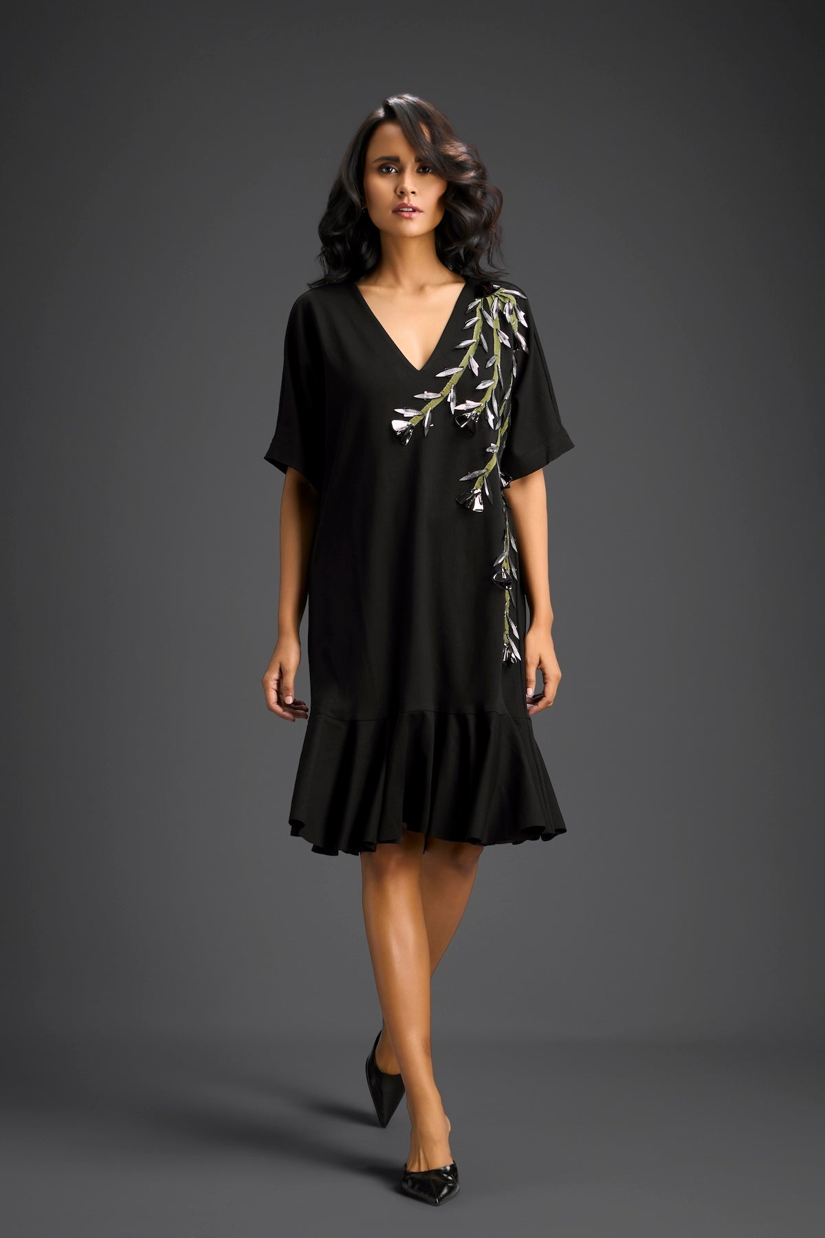 Black Short Sleeves Cut-Out Embroidered Dress