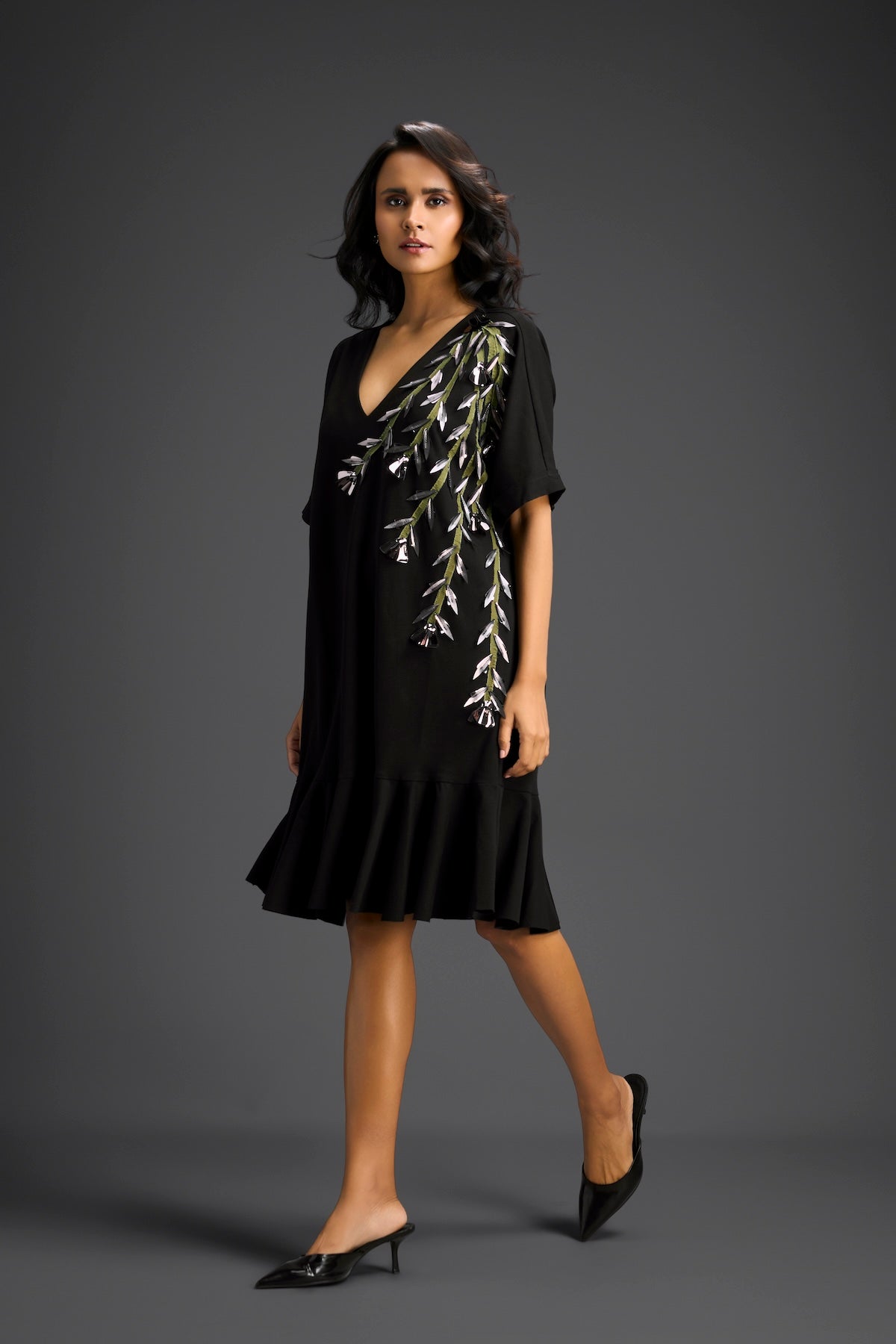 Black Short Sleeves Cut-Out Embroidered Dress
