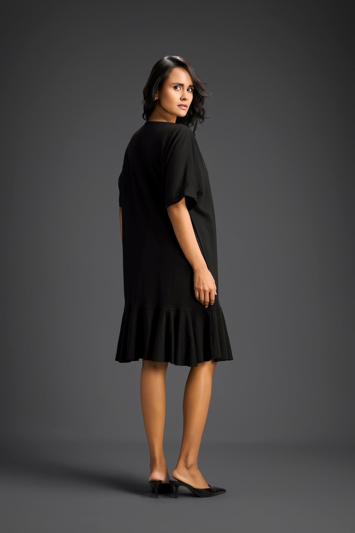 Black Short Sleeves Cut-Out Embroidered Dress