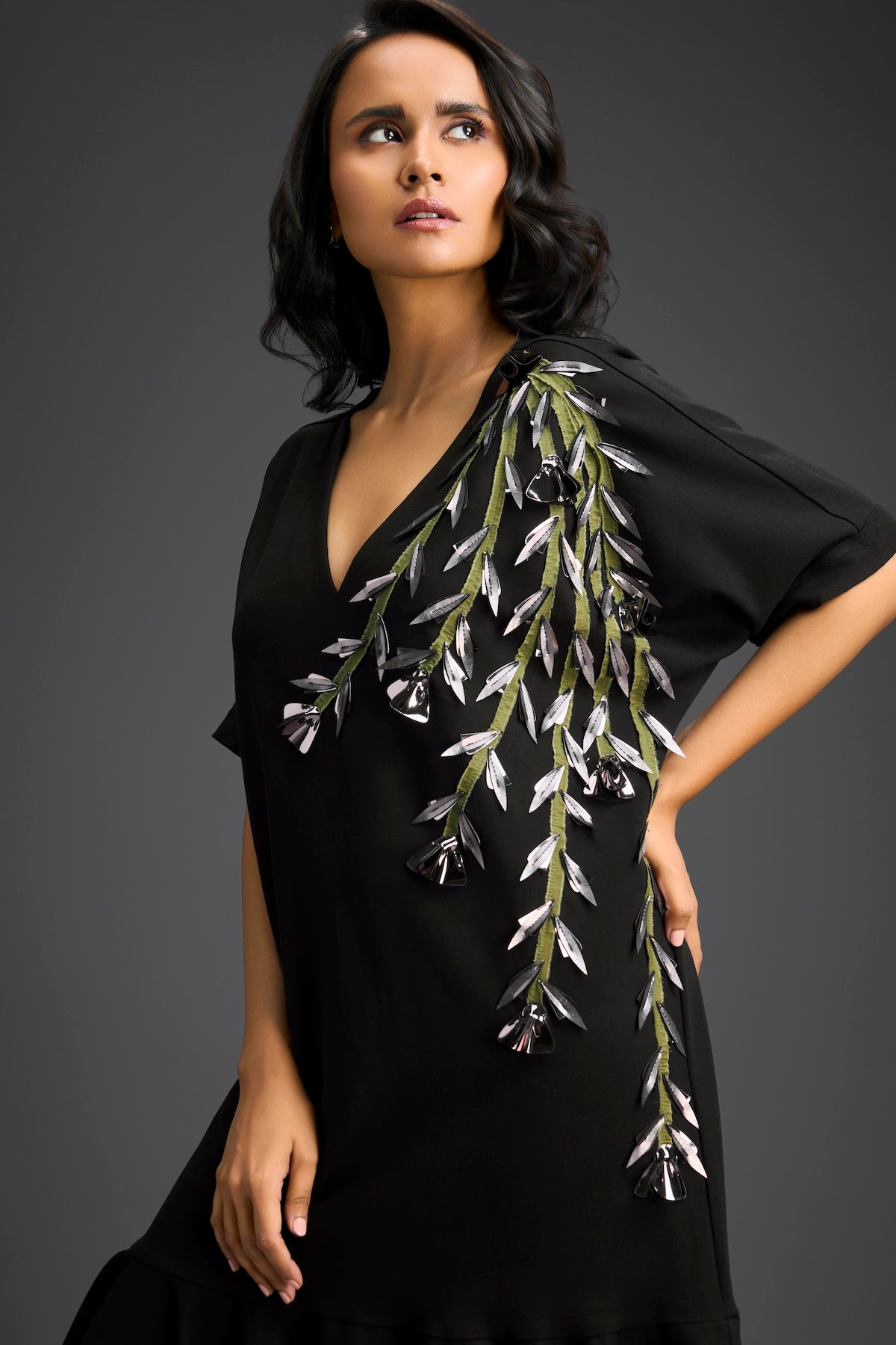 Black Short Sleeves Cut-Out Embroidered Dress