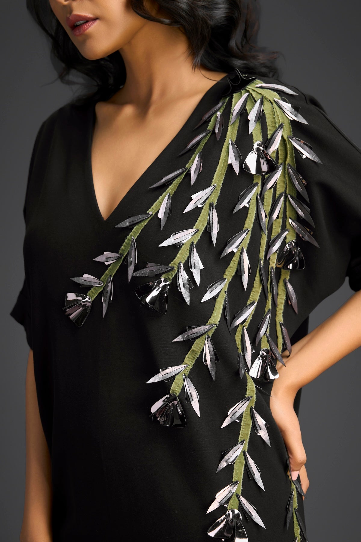 Black Short Sleeves Cut-Out Embroidered Dress